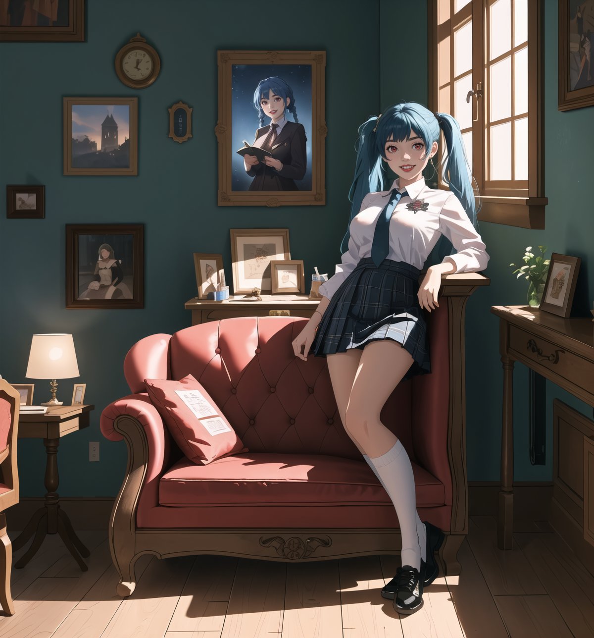 A 16K ultra-detailed masterpiece in realistic and adventure styles, rendered in ultra-high resolution with graphic details. | Aya, a 23-year-old young woman with enormous breasts, wearing a school uniform including a plaid skirt, a white blouse, knee-high socks, black shoes, and a tie. Long blue hair with two pigtails secured with metallic clips. Red eyes, looking at the viewer, smiling and showing teeth, wearing red lipstick and rosy cheeks. Located in a room with walls decorated with posters, an unmade bed, a study table with books and notebooks, and personal items scattered around. Natural light from the window illuminates the scene, highlighting the typical disorder of a gothic room. | The image emphasizes Aya's imposing figure and the architectural elements of the room. The rocky, wooden, and marble structures, along with the young woman, the bed, the study table, the posters, and the personal items, create a frightening and seductive atmosphere. The natural light from the window creates dramatic shadows and highlights the details of the scene. | Soft and somber lighting effects create a relaxing and mysterious atmosphere, while rough and detailed textures in the structures and the outfit add realism to the image. | A relaxing and terrifying scene of a young woman in a gothic room, blending elements of macabre art and fantasy. | (((The image reveals a full-body shot as Aya assumes a sensual pose, engagingly leaning against a structure within the scene in an exciting manner. She takes on a sensual pose as she interacts, boldly leaning on a structure, leaning back and boldly throwing herself onto the structure, reclining back in an exhilarating way.))). | (((full-body shot))), perfect pose++, perfect arms++, perfect limbs++, perfect fingers++, better hands++, perfect hands++, hands++, perfect legs++, perfect feet++, Aya has perfect breasts++, firm breasts++, saggy breasts++, huge breasts++, perfect composition++, correct imperfections++, Enhance++, More detail++, poakl++