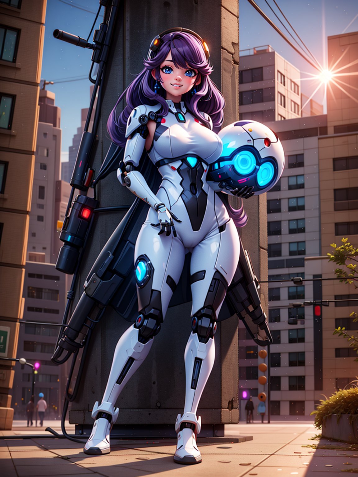 {((1woman))}, only she is {((white mecha suit with black parts, gears, cybernetic parts)), only she has ((giant breasts)), ((extroverted front pose, short purple hair, blue eyes)), staring at the viewer, smiling, ((in a futuristic city, it's daytime, bright sun, multiple monsters on the street, multiple robots on the street, multiple people with different ethnicities on the streets))}, ((full body):1.5), ( (Super Metroid)), 16k, best quality, best resolution, best sharpness,