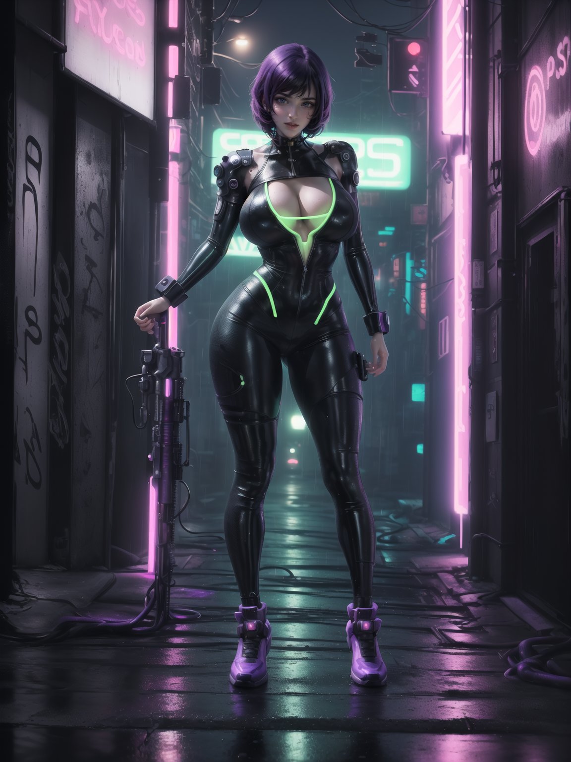 ((Full body):2) {((Solo/Just a 30 year old woman):2)}:{((wearing black cyberpunk costume with neon lights extremely tight and tight on the body, semi transparent):1.5), ((extremely large breasts):1.5), only she has ((very short purple hair, green eyes):1.5), ((looking at viewer, maniacal smile):1.5), she is doing ((erotic pose): 1.5)}; {Background:In a futuristic city raining heavily, (with cars parked on the street):1.5)}, Hyperrealism, 16k, ((best quality, high details):1.4), anatomically correct, masterpiece, UHD