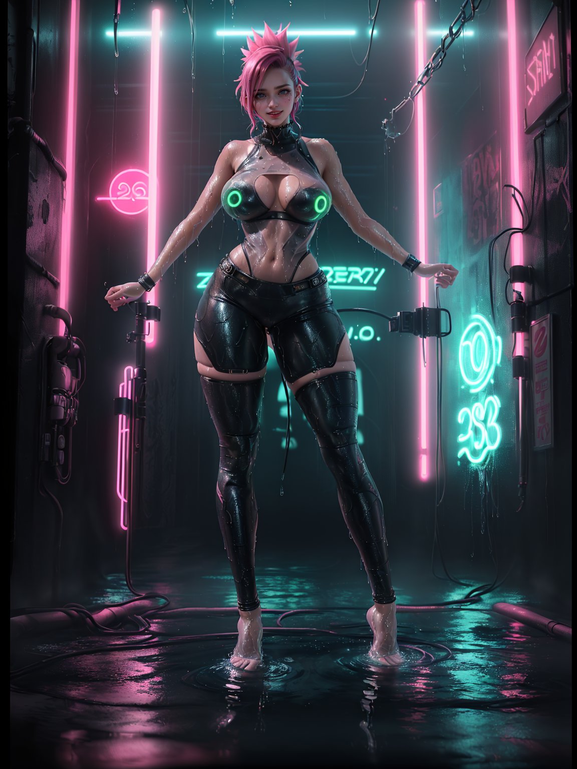 ((Full body):2) {((30 year old woman only):2)}:{((wearing black cyberpunk costume with neon lights extremely tight and tight-fitting, see-through costume):1.5), (( extremely large breasts):1.5), only she has ((very short mohawk pink hair, green eyes):1.5), ((looking at viewer, maniacal smile):1.5), She has ((whole body/attire drenched in water):1.4) she is doing ((erotic pose):1.5)}; {Background:In a futuristic city raining heavily, she is in front of a(futuristic car traffic):1.5)}, Hyperrealism, 16k, ((best quality, high details):1.4), anatomically correct, masterpiece , UHD