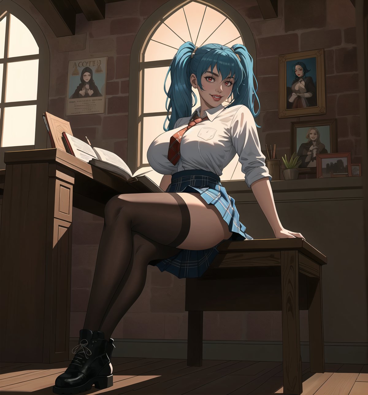 A 16K ultra-detailed masterpiece in realistic and adventure styles, rendered in ultra-high resolution with graphic details. | Aya, a 23-year-old young woman with enormous breasts, wearing a school uniform including a plaid skirt, a white blouse, knee-high socks, black shoes, and a tie. Long blue hair with two pigtails secured with metallic clips. Red eyes, looking at the viewer, smiling and showing teeth, wearing red lipstick and rosy cheeks. Located in a room with walls decorated with posters, an unmade bed, a study table with books and notebooks, and personal items scattered around. Natural light from the window illuminates the scene, highlighting the typical disorder of a gothic room. | The image emphasizes Aya's imposing figure and the architectural elements of the room. The rocky, wooden, and marble structures, along with the young woman, the bed, the study table, the posters, and the personal items, create a frightening and seductive atmosphere. The natural light from the window creates dramatic shadows and highlights the details of the scene. | Soft and somber lighting effects create a relaxing and mysterious atmosphere, while rough and detailed textures in the structures and the outfit add realism to the image. | A relaxing and terrifying scene of a young woman in a gothic room, blending elements of macabre art and fantasy. | (((The image reveals a full-body shot as Aya assumes a sensual pose, engagingly leaning against a structure within the scene in an exciting manner. She takes on a sensual pose as she interacts, boldly leaning on a structure, leaning back and boldly throwing herself onto the structure, reclining back in an exhilarating way.))). | (((full-body shot))), perfect pose++, perfect arms++, perfect limbs++, perfect fingers++, better hands++, perfect hands++, hands++, perfect legs++, perfect feet++, Aya has perfect breasts++, firm breasts++, saggy breasts++, huge breasts++, perfect composition++, correct imperfections++, Enhance++, More detail++, poakl++