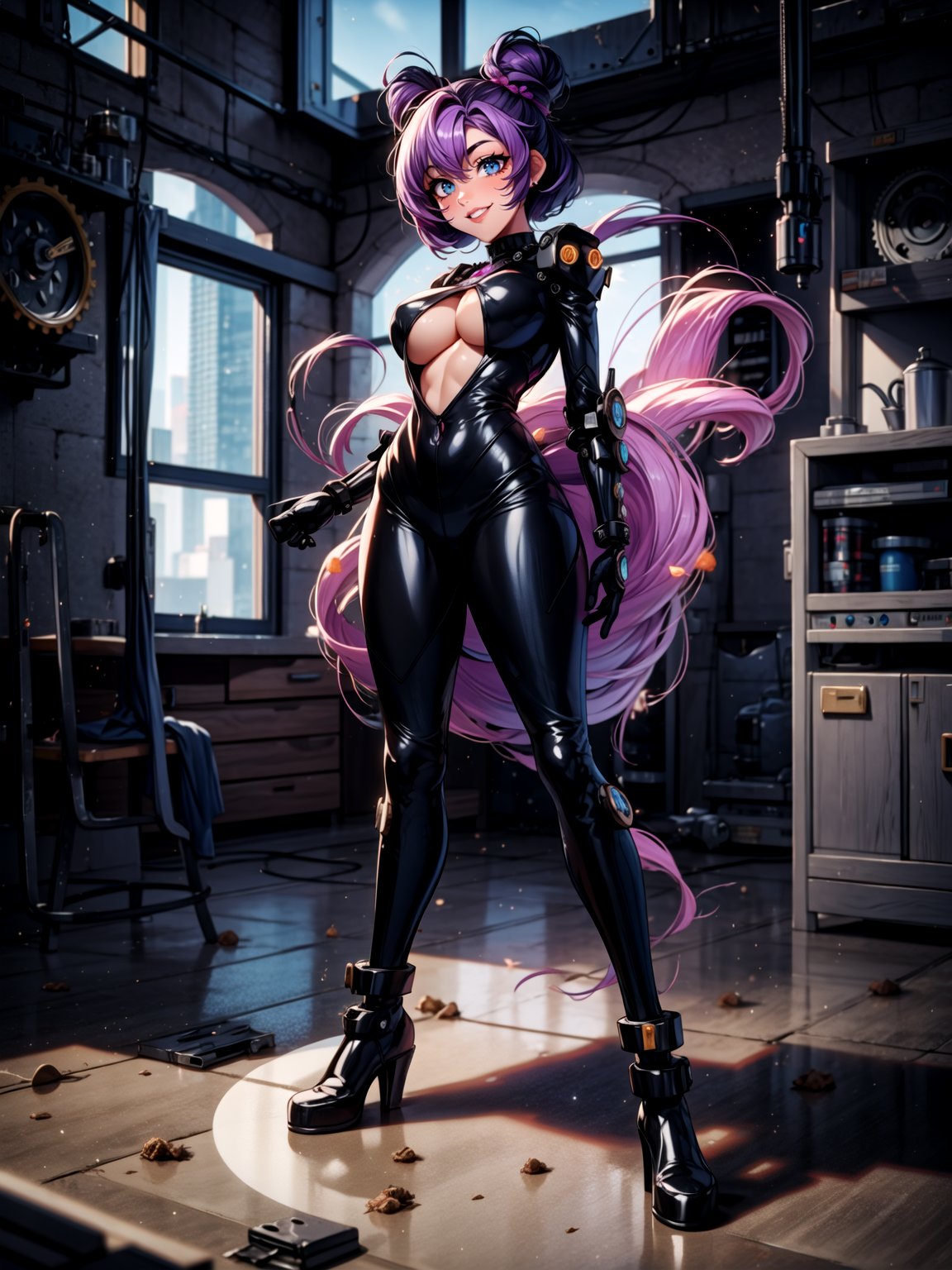 ((full body, standing):1.5), {((1 woman))}, {((wearing black futuristic costume with blank parts and gears and mechanical parts, extremely tight and tight on the body, showing her curvatures)), ((extremely large breasts)), ((very short purple hair, blue eyes)) looking at viewer, smiling, very happy, ((exhibitionist pose leaning back)), ((in ghost spaceship, all destroyed, old equipment, spider webs, a lot of dirt, windows, equipment on the floor))}, 16k, best quality, best resolution, best sharpness, ultra detailed,jolynejojo