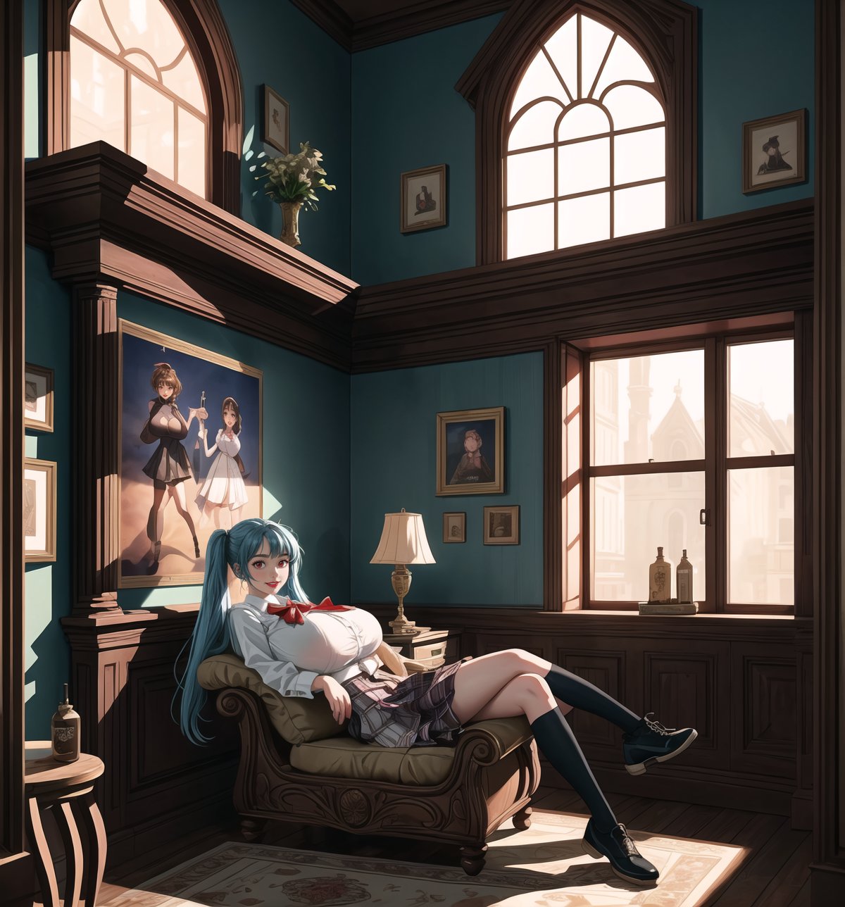 A 16K ultra-detailed masterpiece in realistic and adventure styles, rendered in ultra-high resolution with graphic details. | Aya, a 23-year-old young woman with enormous breasts, wearing a school uniform including a plaid skirt, a white blouse, knee-high socks, black shoes, and a tie. Long blue hair with two pigtails secured with metallic clips. Red eyes, looking at the viewer, smiling and showing teeth, wearing red lipstick and rosy cheeks. Located in a room with walls decorated with posters, an unmade bed, a study table with books and notebooks, and personal items scattered around. Natural light from the window illuminates the scene, highlighting the typical disorder of a gothic room. | The image emphasizes Aya's imposing figure and the architectural elements of the room. The rocky, wooden, and marble structures, along with the young woman, the bed, the study table, the posters, and the personal items, create a frightening and seductive atmosphere. The natural light from the window creates dramatic shadows and highlights the details of the scene. | Soft and somber lighting effects create a relaxing and mysterious atmosphere, while rough and detailed textures in the structures and the outfit add realism to the image. | A relaxing and terrifying scene of a young woman in a gothic room, blending elements of macabre art and fantasy. | (((The image reveals a full-body shot as Aya assumes a sensual pose, engagingly leaning against a structure within the scene in an exciting manner. She takes on a sensual pose as she interacts, boldly leaning on a structure, leaning back and boldly throwing herself onto the structure, reclining back in an exhilarating way.))). | (((full-body shot))), perfect pose++, perfect arms++, perfect limbs++, perfect fingers++, better hands++, perfect hands++, hands++, perfect legs++, perfect feet++, Aya has perfect breasts++, firm breasts++, saggy breasts++, huge breasts++, perfect composition++, correct imperfections++, Enhance++, More detail++, poakl++