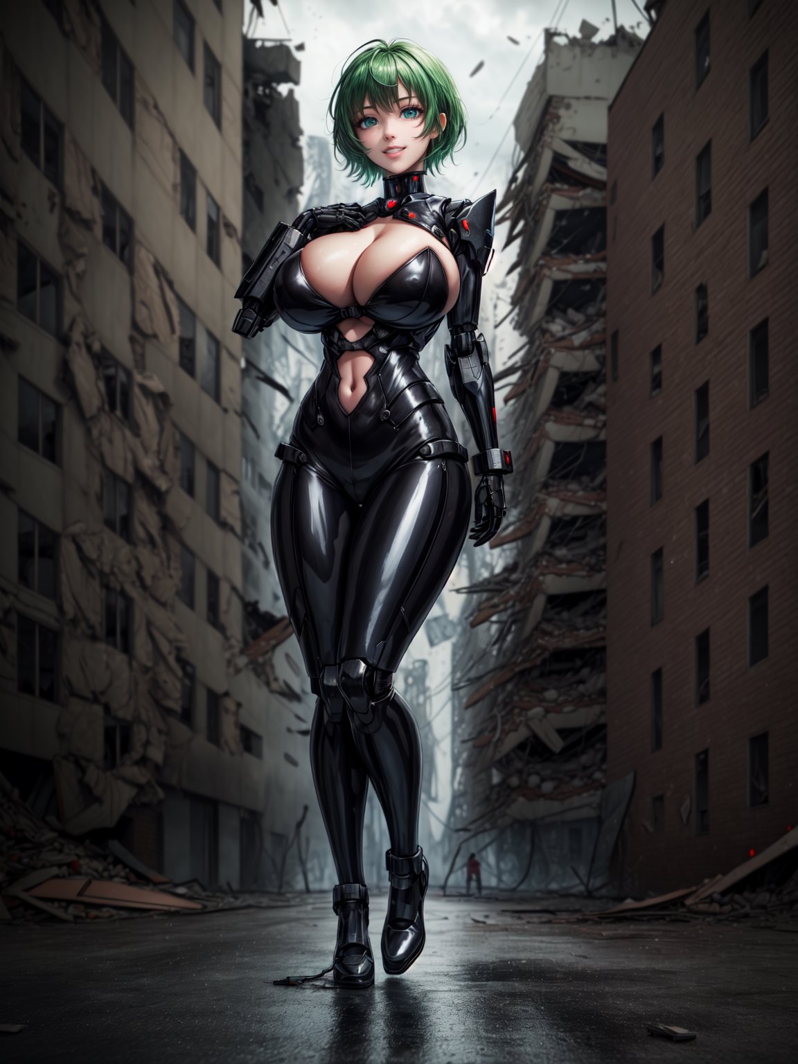 (Full body:1.5), {(1woman:1.5)} (wearing {black mecha outfit with extremely tight white body parts}, ((extremely giant breasts):1.2), very short green hair, blue eyes doing {pose sexual}, {looking at viewer}, smiling); (She is in a macabre city, night, raining heavily, buildings destroyed with ((several people behind):1.5)). 16k, high quality, high detail, UHD,EnvyMix