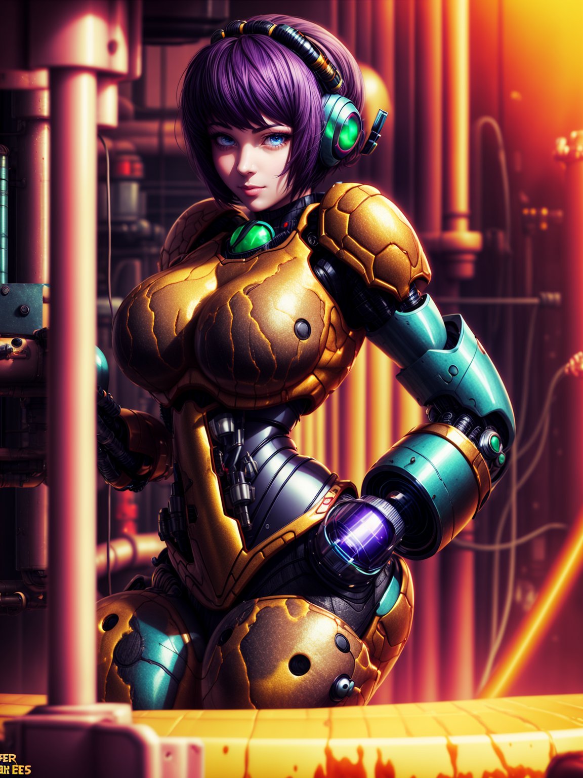 {((1woman))}, only she is {((black mecha suit with blank parts, gears, cybernetic parts)), only she has ((giant breasts)), ((exhibition pose, short purple hair, blue eyes)), staring at the viewer, smiling, ((alien cave, goo on the walls, equipment with pipes and lights, several gooey monsters, behind, in the background))}, ((full body):1.5), ((Super Metroid)),16k, best quality, best resolution, best sharpness,