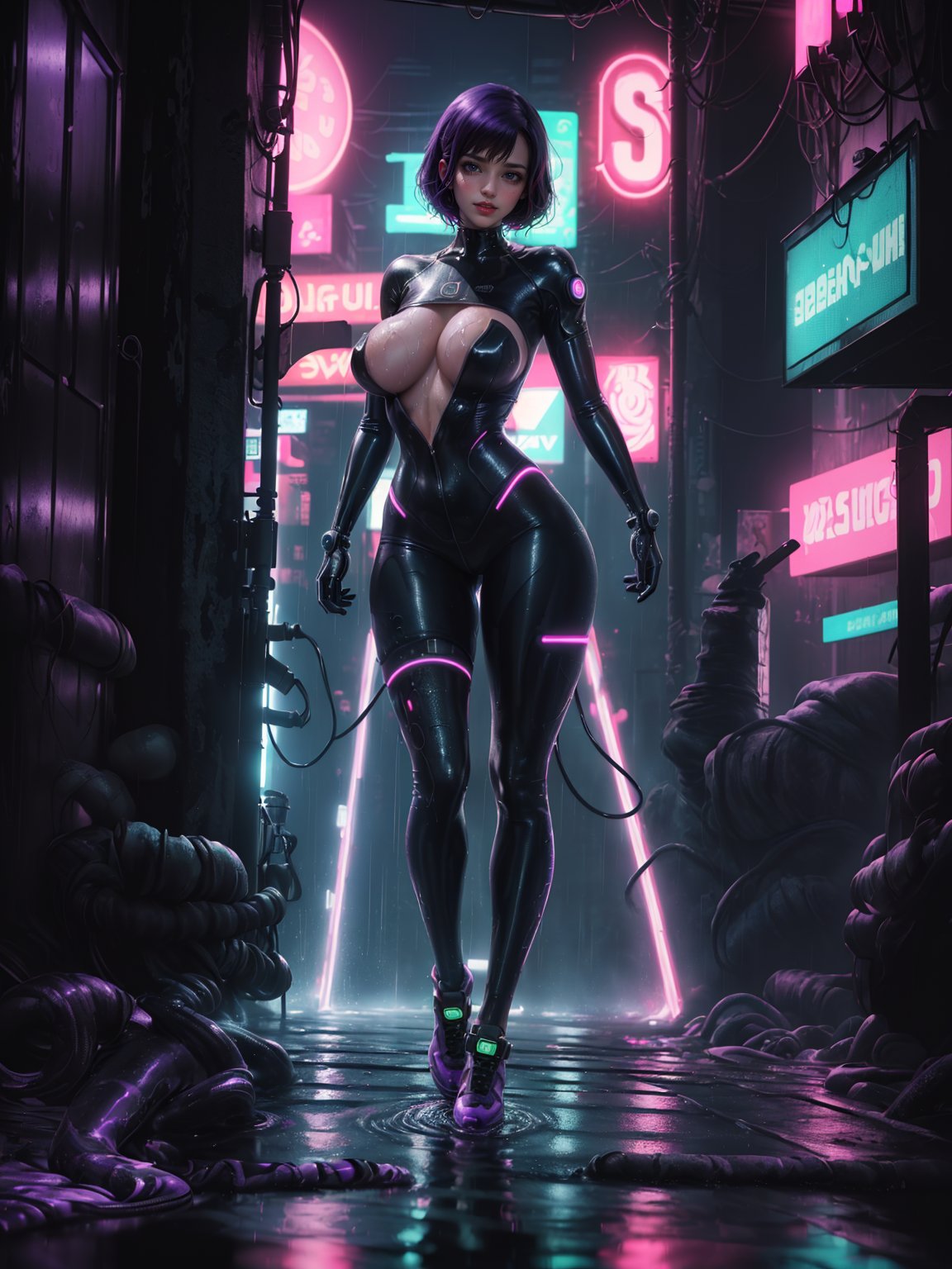 ((Full body):2) {((30 year old woman only):2)}:{((wearing black cyberpunk costume with neon lights extremely tight and tight on the body, semi transparent):1.5), (( extremely large breasts):1.5), only she has ((very short purple hair, green eyes):1.5), ((looking at viewer, maniacal smile):1.5), She has ((body/suit all soaked of water):1.4) she is doing ((erotic pose):1.5)}; {Background:In a futuristic city raining heavily, she is in front of a(futuristic car traffic):1.5)}, Hyperrealism, 16k, ((best quality, high details):1.4), anatomically correct, masterpiece , UHD