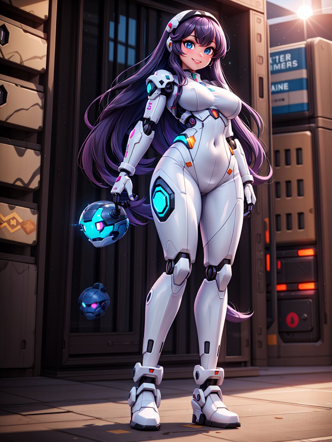 {((1woman))}, only she is {((white mecha suit with black parts, gears, cybernetic parts)), only she has ((giant breasts)), ((extroverted front pose, short purple hair, blue eyes)), staring at the viewer, smiling, ((in a futuristic city, it's daytime, bright sun, multiple monsters on the street, multiple robots on the street, multiple people with different ethnicities on the streets))}, ((full body):1.5), ( (Super Metroid)), 16k, best quality, best resolution, best sharpness,