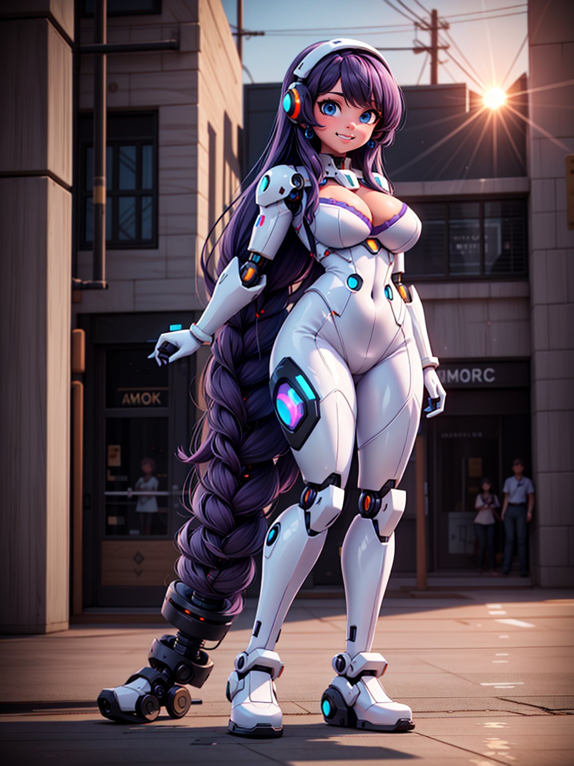 {((1woman))}, only she is {((white mecha suit with black parts, gears, cybernetic parts)), only she has ((giant breasts)), ((extroverted front pose, short purple hair, blue eyes)), staring at the viewer, smiling, ((in a futuristic city, it's daytime, bright sun, multiple monsters on the street, multiple robots on the street, multiple people with different ethnicities on the streets))}, ((full body):1.5), ( (Super Metroid)), 16k, best quality, best resolution, best sharpness,