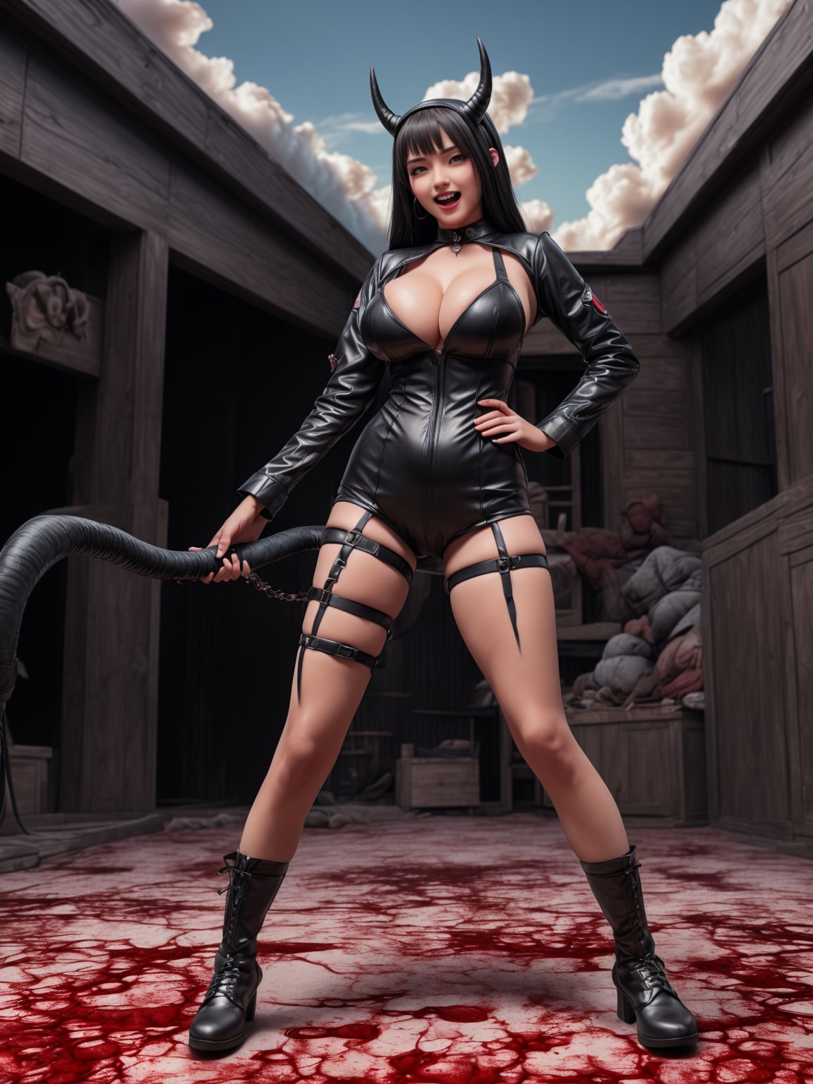 ((full body, standing):1.5), {((1 female Vampire))}, {((wearing extremely tight and short black maid outfit on the body, extremely tight and short white shorts, black pointy horns on the head)) , ((extremely gigantic and firm breasts)), ((short blond hair, blue eyes)), ((blood on body and floor):1.3), looking at viewer, maniacal smile, ((doing erotic pose, holding a whip)), ((in an amusement park with different people, people with different ethnicities, it's daylight, clouds in the sky))}, 16k, high quality, high detail, UHD,3DMM,12334