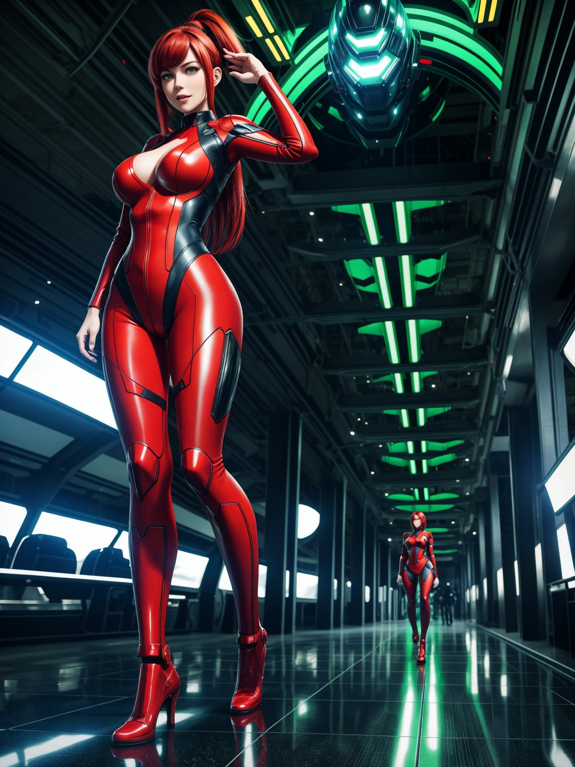 A woman, wearing a red mecha suit with green stripes, an extremely tight-fitting suit, monstrously gigantic breasts, red hair, very short hair, hair in a ponytail, bangs in front of her eyes, looking at the viewer, (((erotic pose interacting and leaning on an object))), in an alien airport, machines, multiple aliens of different ethnicities, background with different aliens walking through the airport in a futuristic environment, ((full body):1.5). 16k, UHD, best possible quality, ((best possible detail):1), best possible resolution, Unreal Engine 5, professional photography, ((Super Metroid))