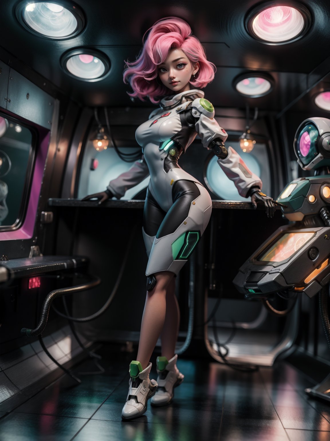 {((1woman))}, only she is {((wearing white mechanical suit with extremely tight and transparent black mechanical parts on her body)), she has ((extremely big breasts)), only she has ((very pink hair short, green eyes)), ((erotic pose)), only she is smiling and staring at the viewer, ((in a spaceship near the sun, window, teleport, robots in the background, equipment, machines on the walls))}, ((full body):1.5), 16k, best quality, best resolution, best sharpness,TinkerWaifu