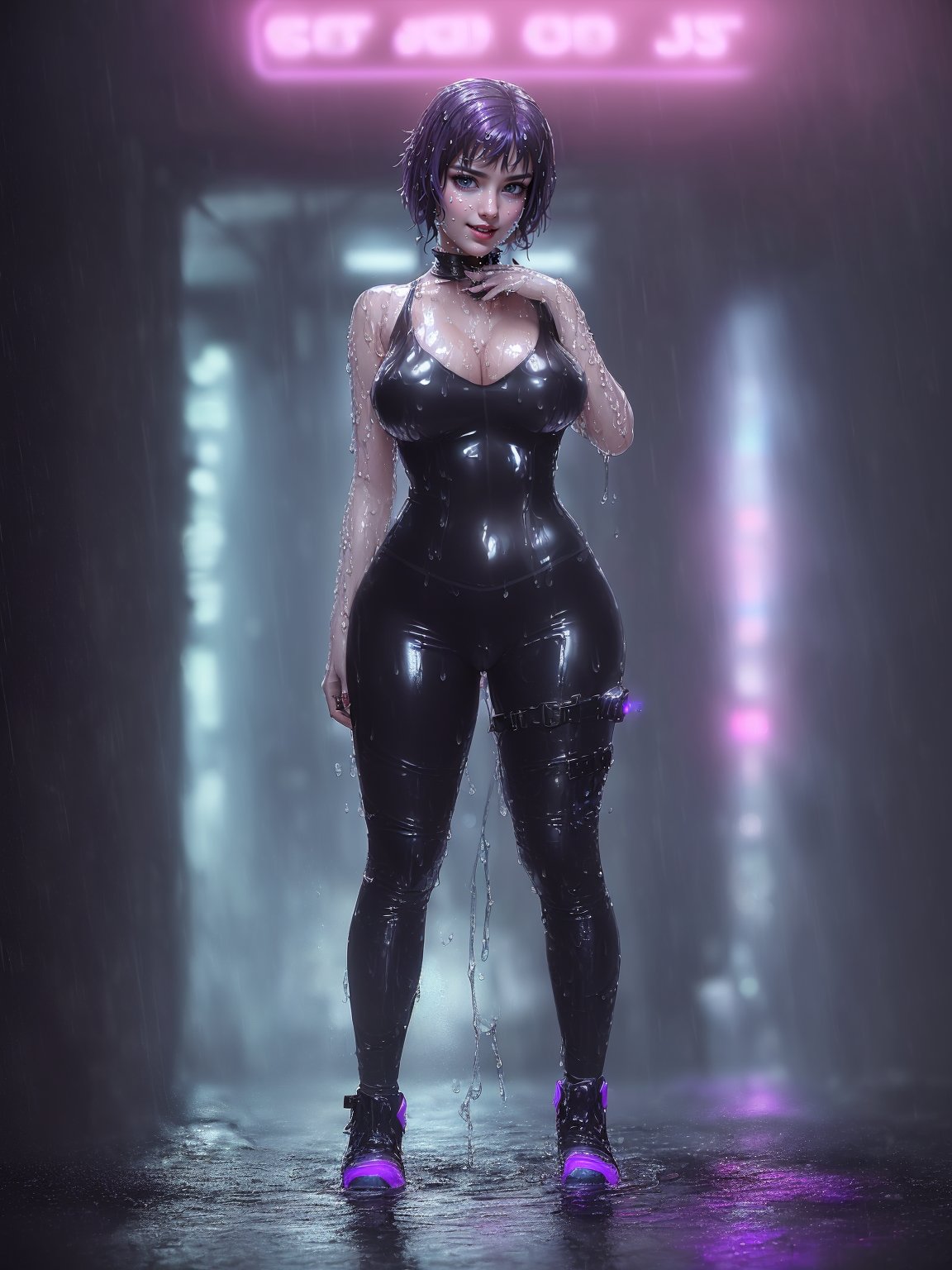 ((Full body):2) {((Solo/Just a 30 year old woman):2)}:{((wearing black cyberpunk costume with neon lights extremely tight and tight on the body, semi transparent):1.5), ((extremely large breasts):1.5), only she has ((very short purple hair, green eyes):1.5), ((looking at viewer, maniacal smile):1.5), She has ((body/attire all soaked in water):1.2) she is doing ((erotic pose):1.5)}; {Background:In a futuristic city raining heavily, she is (in the middle of a traffic of flying futuristic cars):1.5)}, Hyperrealism, 16k, ((best quality, high details):1.4), anatomically correct, masterpiece- press, uhd