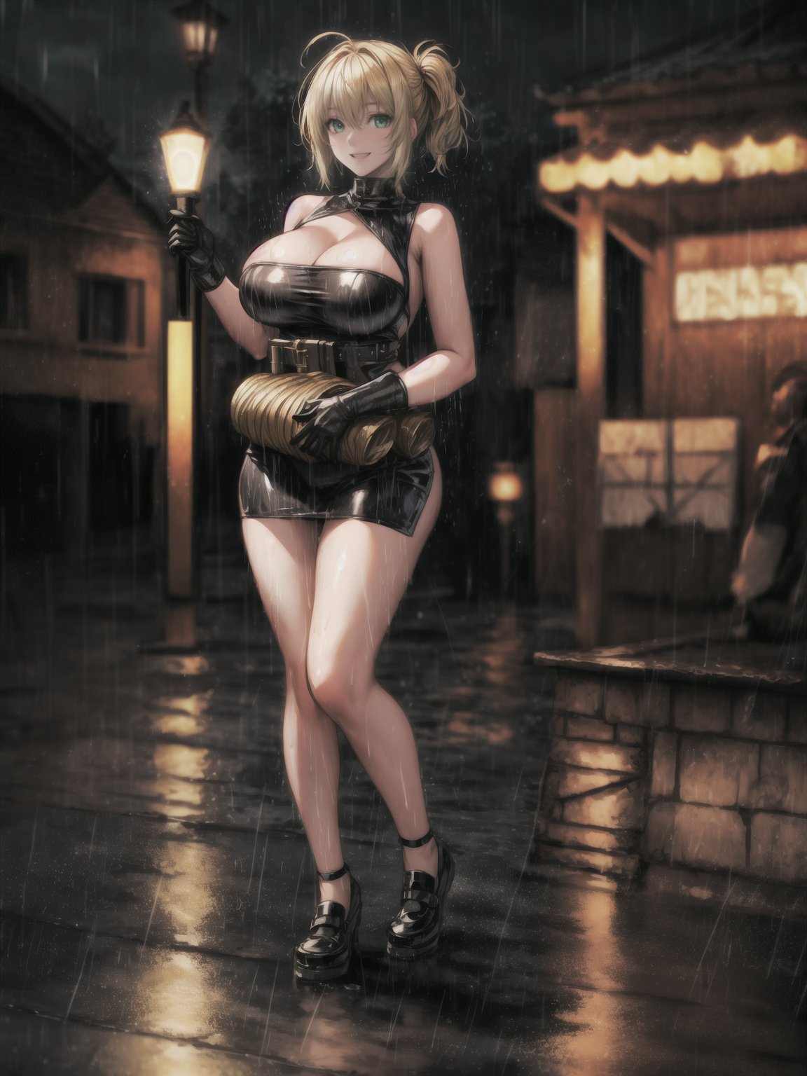 ((full body):1.5) ((1 female):1.2): wearing black superhero costume with blank parts, extremely tight on the body, extremely large and firm breasts, very short blonde hair, green eyes, looking at the spectator, smiling, she is leaning against a light pole, engaging in sexual possession, macabre city, night, ((heavy rain, bandits around):1.2), 16k, high quality, high details, UHD, 