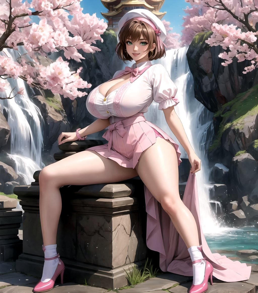 Masterpiece in maximum 16K resolution, in a style inspired by the anime Sakura_Card_Captor. | Sakura_Kinomoto, now 30 years old, displays all her maturity and magical power in a stunning all-white mage outfit adorned with pink details. Her short accordion skirt, white stockings with pink bands, and pink shoes complement the harmony of the look. We cannot help but highlight her gigantic_breasts, which are an intrinsic part of her unique beauty. | The scene unfolds in an ancient temple near a majestic waterfall, featuring white marble structures, altars with ancient writings, and a variety of spirit animals. Sakura is looking directly at the viewer, her green eyes radiating confidence as she offers a captivating smile. Her short brown hair with a large fringe in front of her right eye adds a contemporary touch to her image. The white beret with a pink band and golden accessories, including a golden star in the center, further enhances her magical presence. | The visual composition highlights the magic in the air, with appropriate lighting emphasizing the details of the outfit and the enchanted environment. | Sakura Kinomoto, at 30 years old, in a mage outfit inspired by Card Captor Sakura, displaying her huge breasts in a mystical setting of an ancient temple next to a waterfall. | {The camera is positioned very close to her, revealing her entire body as she adopts a sensualc_pose, interacting with and leaning on a structure in the scene in an exciting way.} | She is adopting a (((sensualc_pose as interacts, boldly leaning on a structure, leaning back in an exciting way))), ((sensualc_pose):1.3), ((perfect_pose)), ((perfect_pose):1.5), (((full body))), ((well_defined_face, ultra_detailed_face, well_defined_eyes, ultra_detailed_eyes)), ((perfect_finger, perfect_hand)), (better_hands), huge breasts, ((More Detail)),