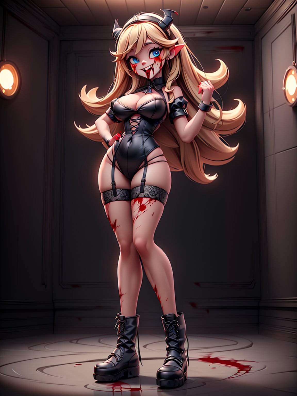 ((full body, standing):1.5), {((1 female Vampire))}, {((wearing extremely tight and short black maid outfit on the body, extremely tight and short white shorts, black pointy horns on the head)) , ((extremely gigantic and firm breasts)), ((short blond hair, blue eyes)), ((blood on body and floor):1.3), looking at viewer, maniacal smile, ((doing erotic pose, holding a whip)), ((in an amusement park with different people, people with different ethnicities, it's daylight, clouds in the sky))}, 16k, high quality, high detail, UHD,3DMM,12334,pixar