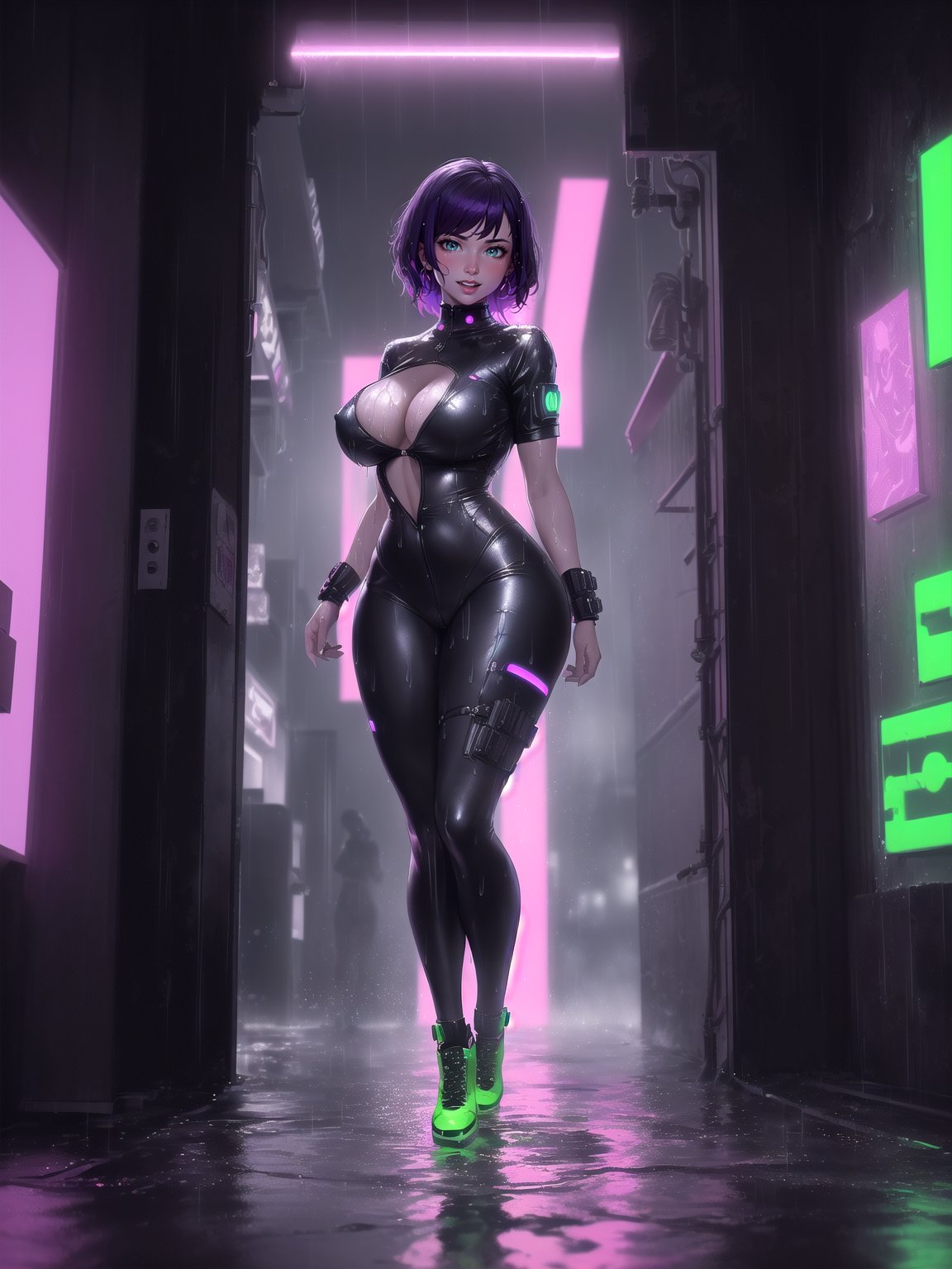 ((Full body):2) {((30 year old woman only):2)}:{((wearing black cyberpunk costume with neon lights extremely tight and tight on the body, semi transparent):1.5), (( extremely large breasts):1.5), only she has ((very short purple hair, green eyes):1.5), ((looking at viewer, maniacal smile):1.5), She has ((body/suit all soaked of water):1.5) she is doing ((erotic pose):1.5)}; {Background:In a futuristic city raining heavily, (in front of the entrance to a party club with several people in line):1.3)}, Hyperrealism, 16k, ((best quality, high details):1.4), anatomically correct , masterpiece, UHD