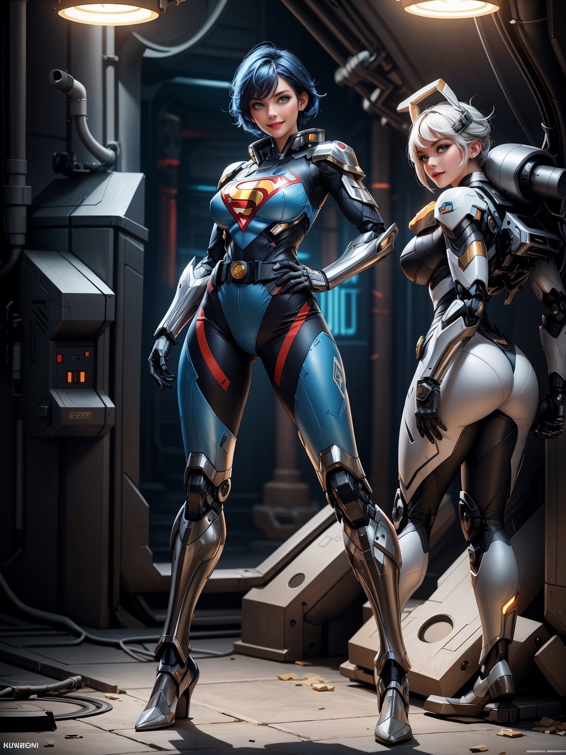 A woman, wearing mecha costume + Super Man costume, black costume with blue parts, belt suit, very large breasts, blue hair, short hair, punk hair, hair with bangs in front of the eyes, luminous helmet on the head, looking at the viewer, (((pose with interaction and leaning on [something|an object]))), in a cave with many machines, altars with ancient writing, robots, elevators, fully lit cave, ((full body):1.5), 16k, UHD, best possible quality, ultra detailed, best possible resolution, Unreal Engine 5, professional photography, well-detailed fingers, well-detailed hand, perfect_hands, ((mecha)) + ((super_man))