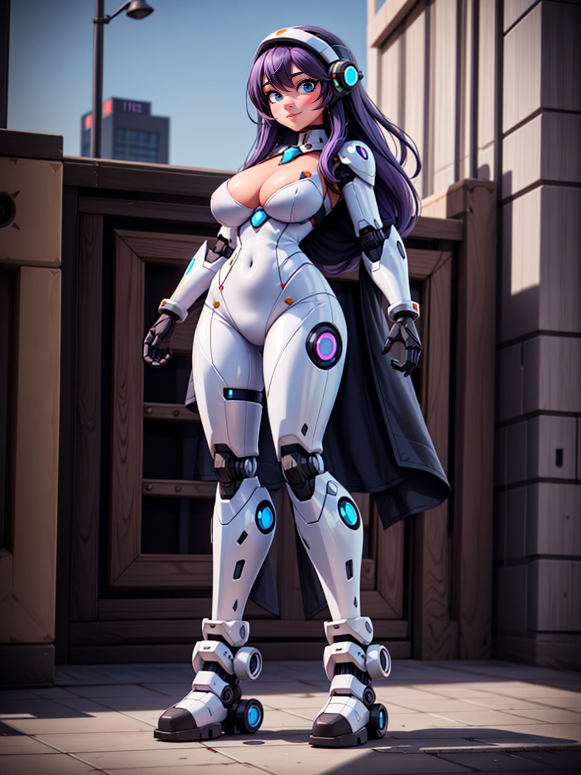 {((1woman))}, only she is {((white mecha suit with black parts, gears, cybernetic parts)), only she has ((giant breasts)), ((extroverted front pose, short purple hair, blue eyes)), staring at the viewer, smiling, ((in a futuristic city, it's daytime, bright sun, multiple monsters on the street, multiple robots on the street, multiple people with different ethnicities on the streets))}, ((full body):1.5), ( (Super Metroid)), 16k, best quality, best resolution, best sharpness,