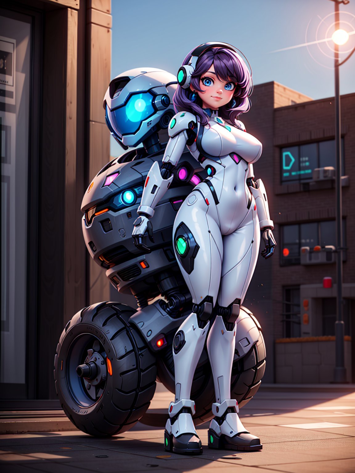 {((1woman))}, only she is {((white mecha suit with black parts, gears, cybernetic parts)), only she has ((giant breasts)), ((extroverted front pose, short purple hair, blue eyes)), staring at the viewer, smiling, ((in a futuristic city, it's daytime, bright sun, multiple monsters on the street, multiple robots on the street, multiple people with different ethnicities on the streets))}, ((full body):1.5), ( (Super Metroid)), 16k, best quality, best resolution, best sharpness,