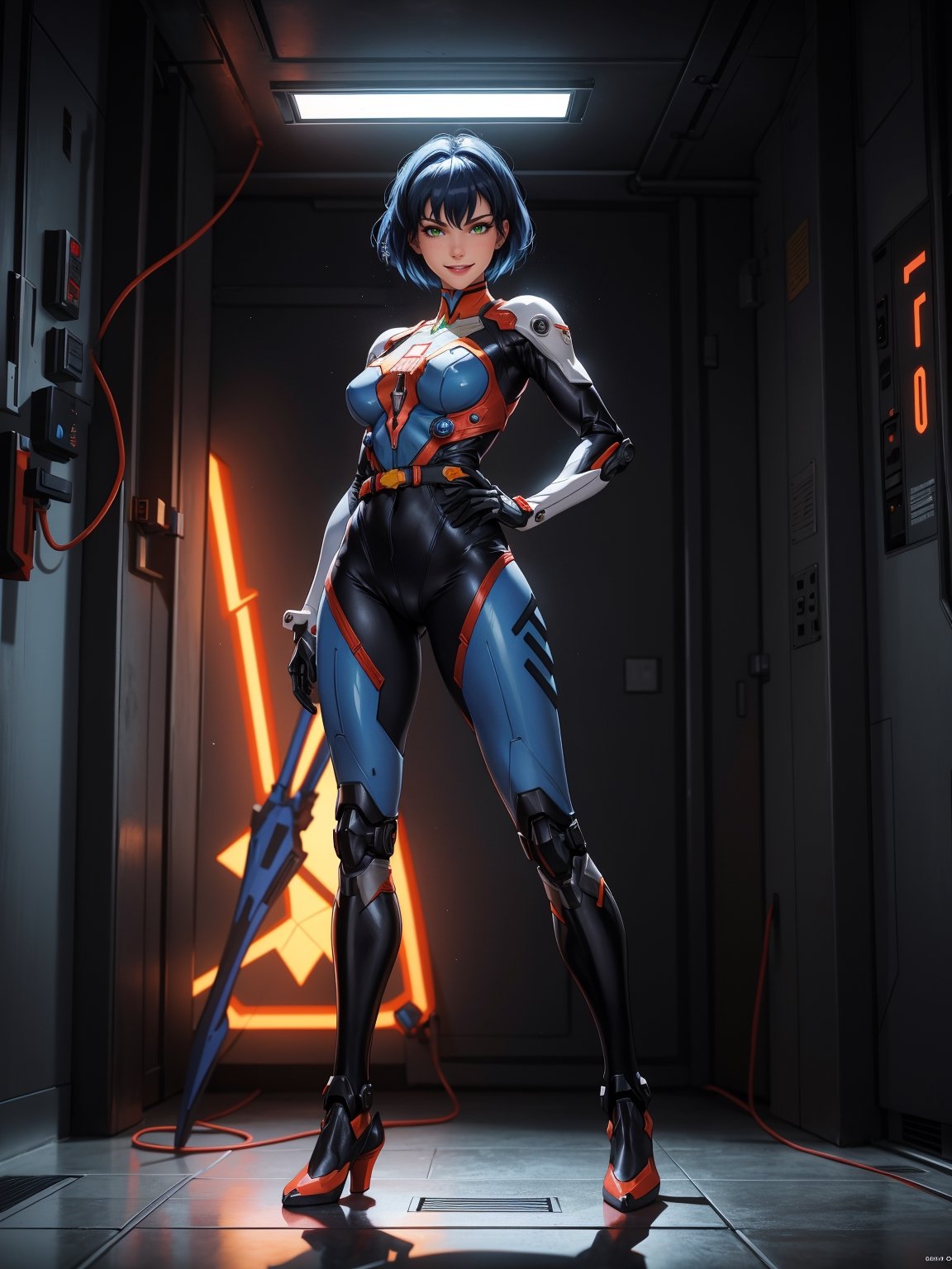 A woman, wearing mecha costume + Super Man costume, black costume with blue parts, belt suit, extremely big breasts, blue hair, short hair, punk hair, hair with bangs in front of the eyes, luminous helmet on the head, looking at the viewer, (((pose with interaction and leaning on [something|an object]))), in an alien temple with many machines,  altars with old writing, robots, elevators, ((full body):1.5), 16k, UHD, best possible quality, ultra detailed, best possible resolution, Unreal Engine 5, professional photography, well-detailed fingers, well-detailed hand, perfect_hands, ((mecha)) + ((neon_genesis_evangelion)) + (super_man)