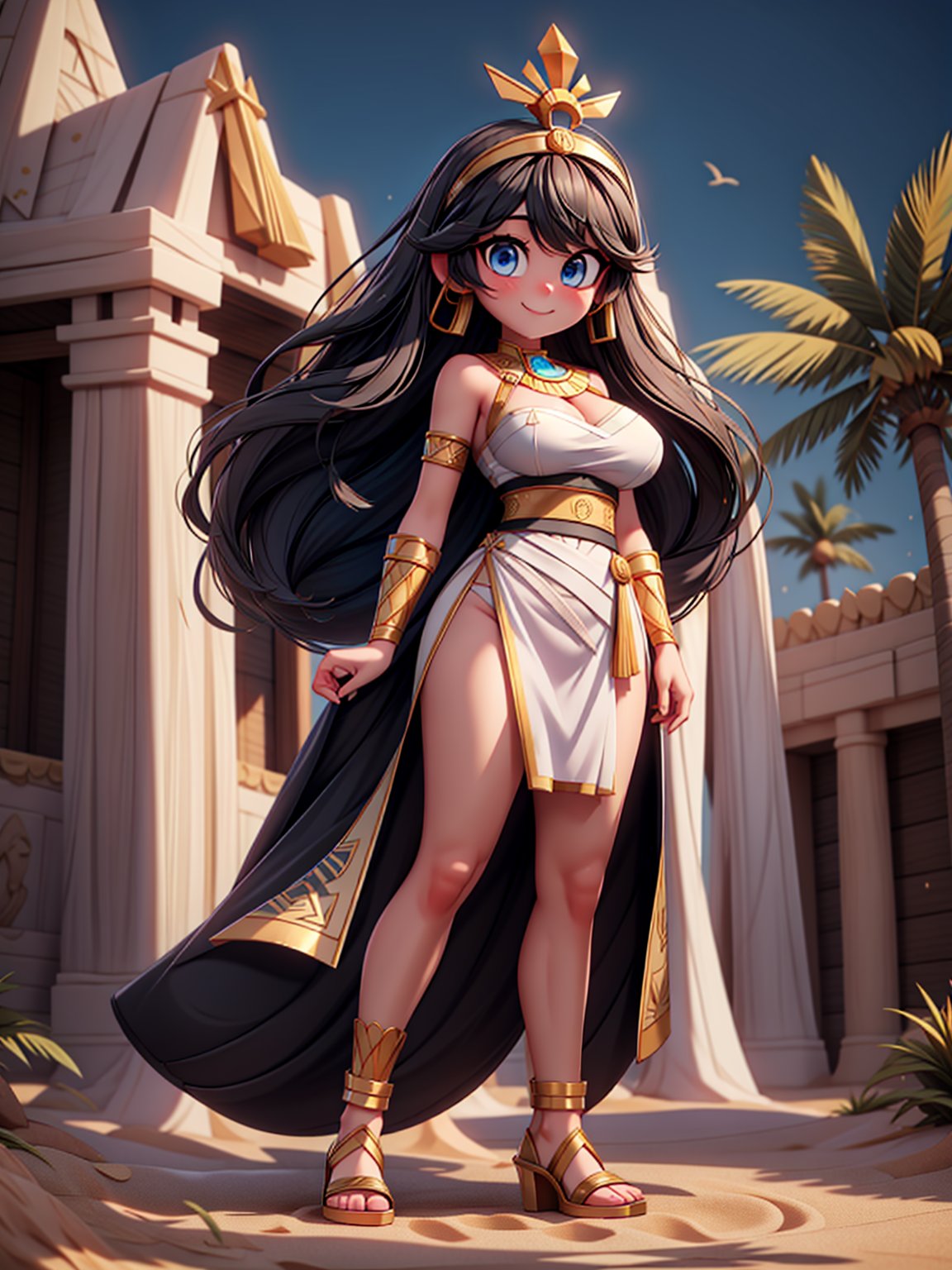 ((full body, standing):1.5), {((1 woman))}, {((fully bandaged with white sashes, with black Egyptian clothes with golden parts)), ((extremely large breasts)), ((hair very short black, blue eyes)) looking at the viewer, smiling, very happy, ((exhibitionist pose leaning against it)), ((in front of a pyramid, entrance, statues, sand, sand wind, coconut trees, it's day, sun strong))}, 16k, best quality, best resolution, best sharpness, ultra detailed,jolynejojo