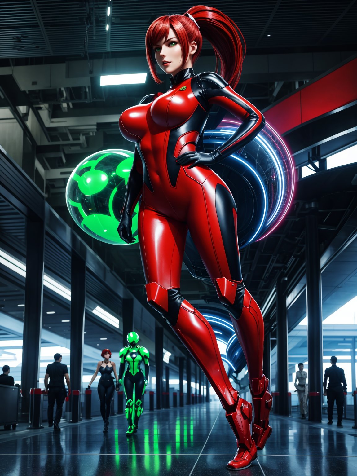 A woman, wearing a red mecha suit with green stripes, an extremely tight-fitting suit, monstrously gigantic breasts, red hair, very short hair, hair in a ponytail, bangs in front of her eyes, looking at the viewer, (((erotic pose interacting and leaning on an object))), in an alien airport, machines, multiple aliens of different ethnicities, background with different aliens walking through the airport in a futuristic environment, ((full body):1.5). 16k, UHD, best possible quality, ((best possible detail):1), best possible resolution, Unreal Engine 5, professional photography, ((Super Metroid))