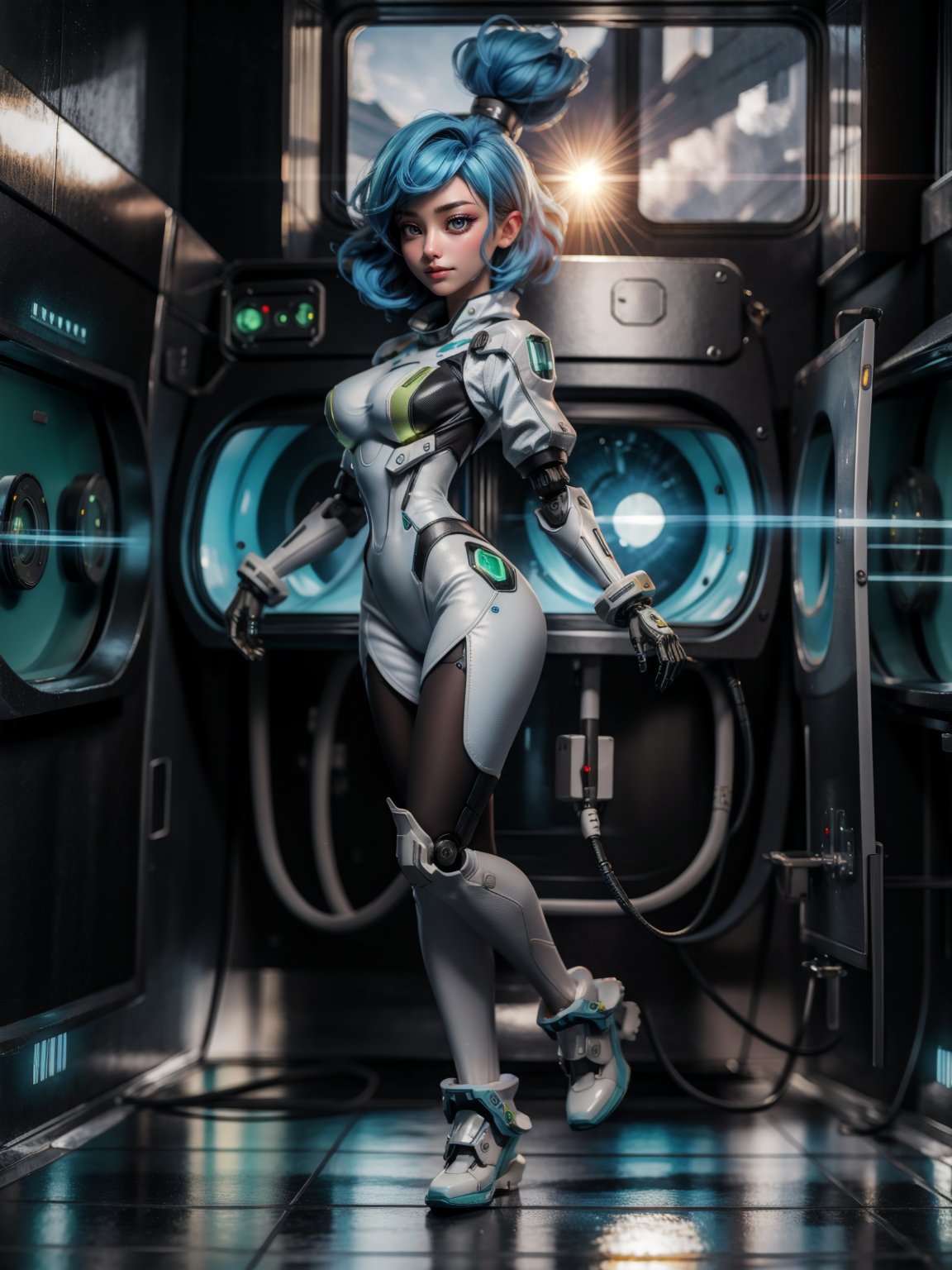 {((1woman))}, only she is {((wearing white mechanical suit with extremely tight and transparent black mechanical parts on her body)), she has ((extremely gigantic breasts)), only she has ((very blue hair short, green eyes)), ((erotic pose)), only she is smiling and staring at the viewer, ((in a spaceship near the sun, window, teleportation, robots, equipment, machines on the walls))}, ((full body):1.5), 16k, best quality, best resolution, best sharpness,TinkerWaifu