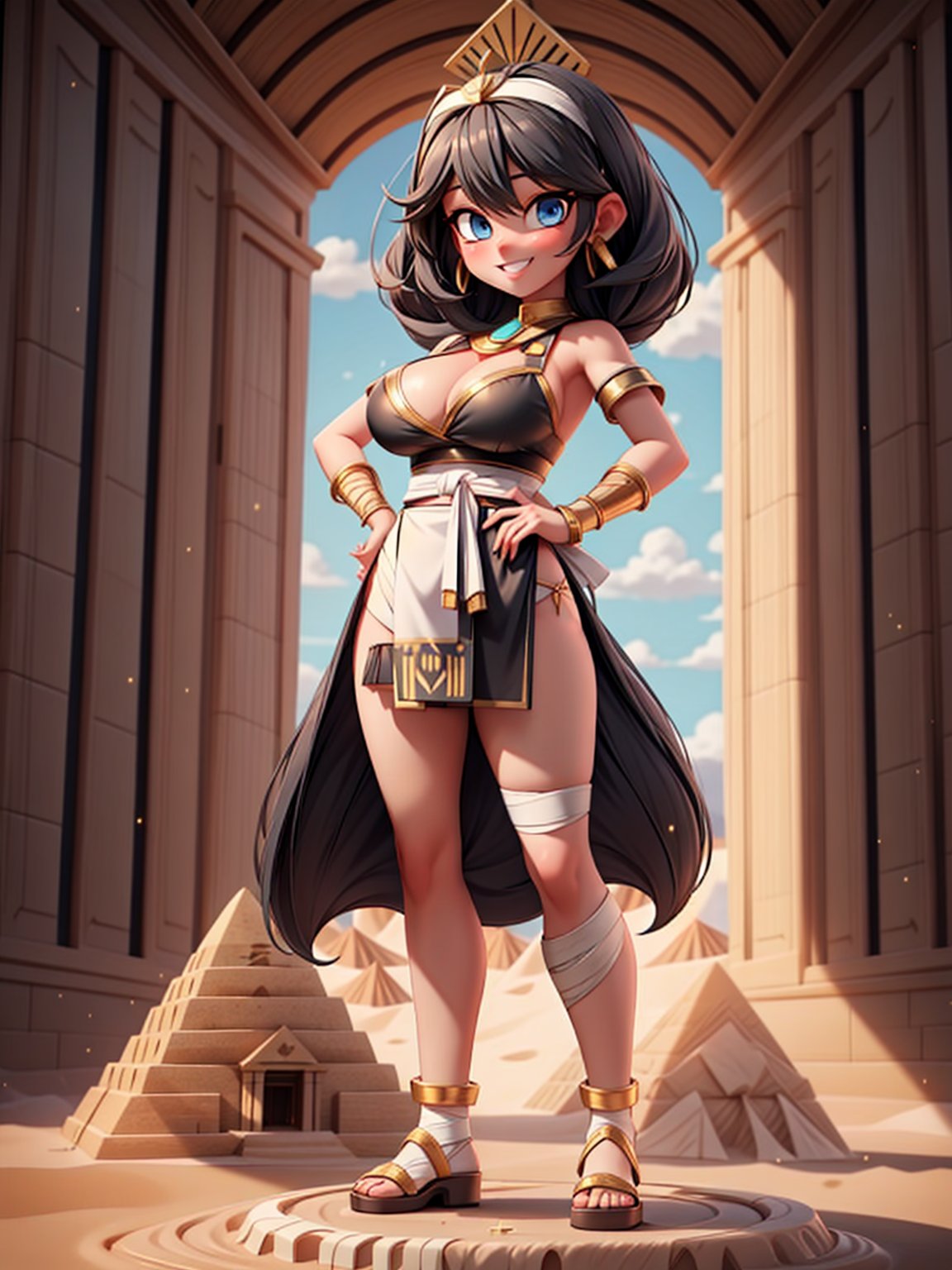 ((full body, standing):1.5), {((1 woman))}, {((fully bandaged with white sashes, with black Egyptian clothes with golden parts)), ((extremely large breasts)), ((hair very short black, blue eyes)) looking at the viewer, smiling, very happy, ((exhibitionist pose leaning against it)), ((in front of a pyramid, entrance, statues, sand, sand wind, coconut trees, it's day, sun strong))}, 16k, best quality, best resolution, best sharpness, ultra detailed,jolynejojo