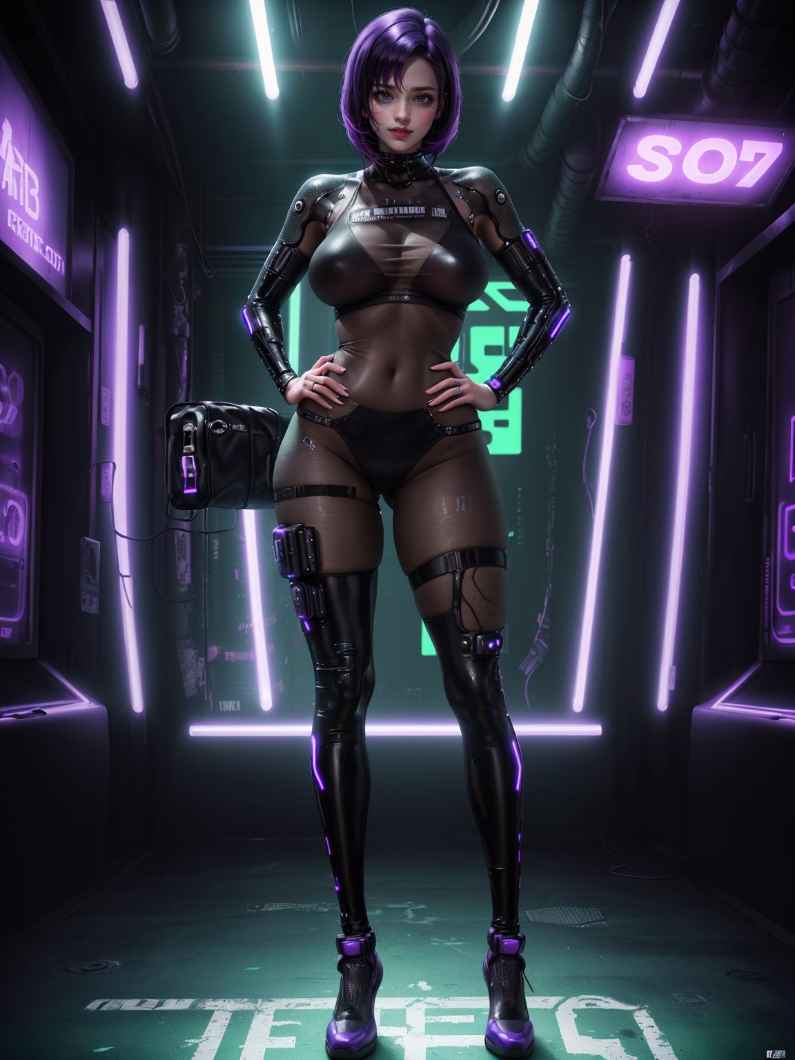 ((Full body):2) {((30 year old woman only):2)}:{((wearing black cyberpunk costume with neon lights extremely tight and tight-fitting, see-through costume):1.5), (( extremely large breasts):1.5), only she has ((very short purple hair, green eyes):1.5), ((looking at viewer, maniacal smile):1.5), she is doing ((erotic pose):1.5)}; {Background:Inside a brothel (crowded with women in underwear with different styles and ideas))}, Hyperrealism, 16k, ((best quality, high details):1.4), anatomically correct, masterpiece, UHD