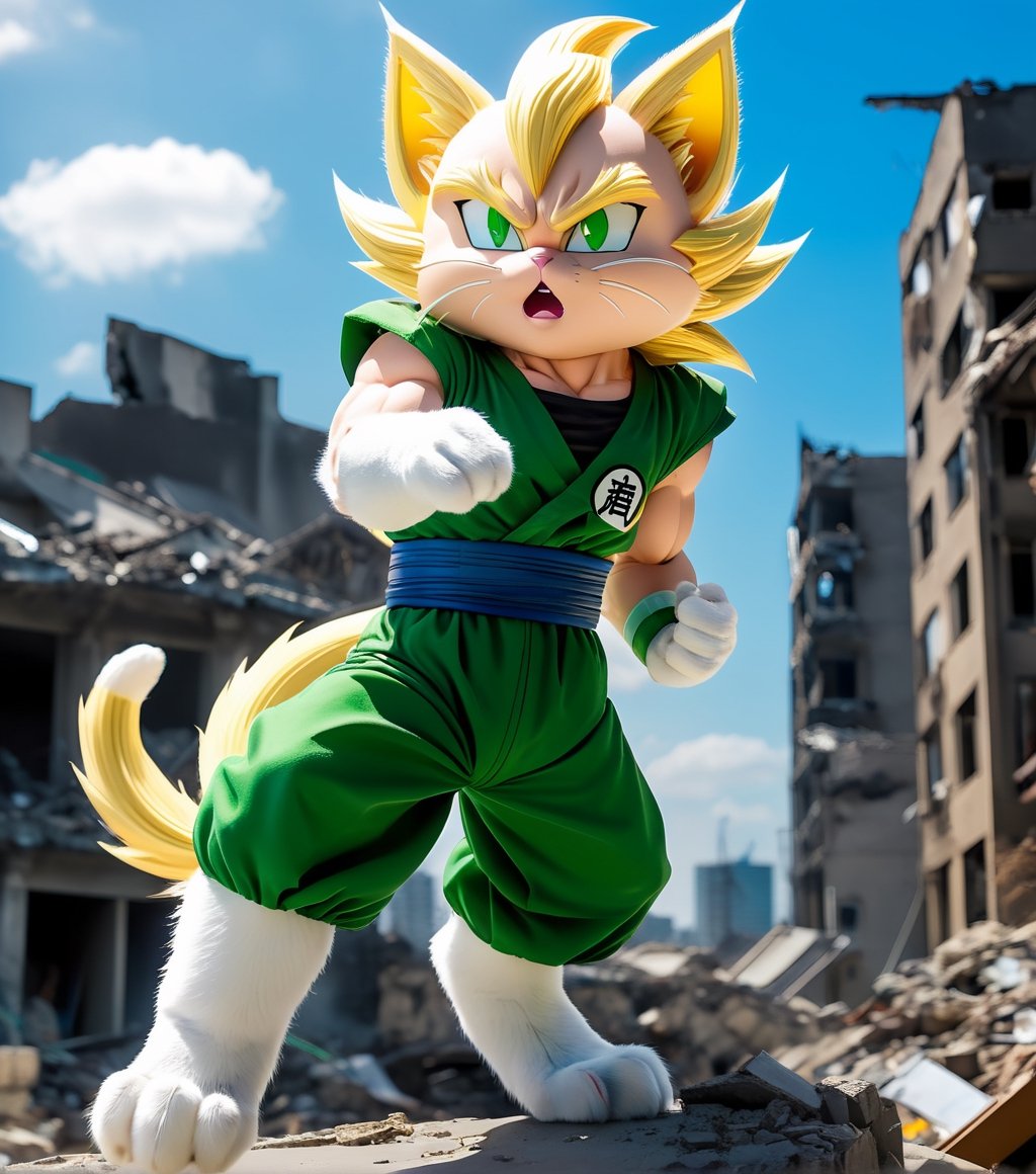 Masterpiece in 4K resolution, combining elements of anime style with a fusion of the dynamic energy from Dragon Ball. | In a devastated city, a standout figure emerges – an adorable cat transformed into a Super Saiyan. Its green eyes glow with determination and innocence as it exudes a fierce aura, with long hair flowing in the wind. The surrounding city lies in ruins, with destroyed buildings and debris flying, reflecting the impact of the Super Saiyan cat's power. | The pose is one of battle, with the Super Saiyan cat adopting a powerful stance, front paws raised, and tail bristling, ready to face any challenge. Its innocent gaze contrasts with the intensity of the surrounding aura. | The composition highlights the cat in the center of the scene, with the destroyed city in the background, creating an epic and thrilling atmosphere. The dynamic perspective emphasizes the magnitude of the moment, while light effects accentuate the cat's transformation into a Super Saiyan. | An extraordinary scene capturing the adorableness of the cat, now infused with the fierce energy of a Super Saiyan, facing destruction in a determined fighting pose. | {The camera is positioned at a dynamic angle, capturing the full glory of the scene, showcasing the determination in the innocent eyes of the Super Saiyan cat, surrounded by the chaos of the destroyed city.} | It is adopting (((dynamic_pose as fights, with front paws raised and tail bristling))), ((dynamic_pose):1.3), ((intense_expression)), ((perfect_pose)), ((perfect_pose):1.5), (((full body))), ((well_defined_face, ultra_detailed_face, well_defined_eyes, ultra_detailed_eyes)), ((perfect_finger, perfect_hand)), ((More Detail)), powerful_aura, destroyed_city.