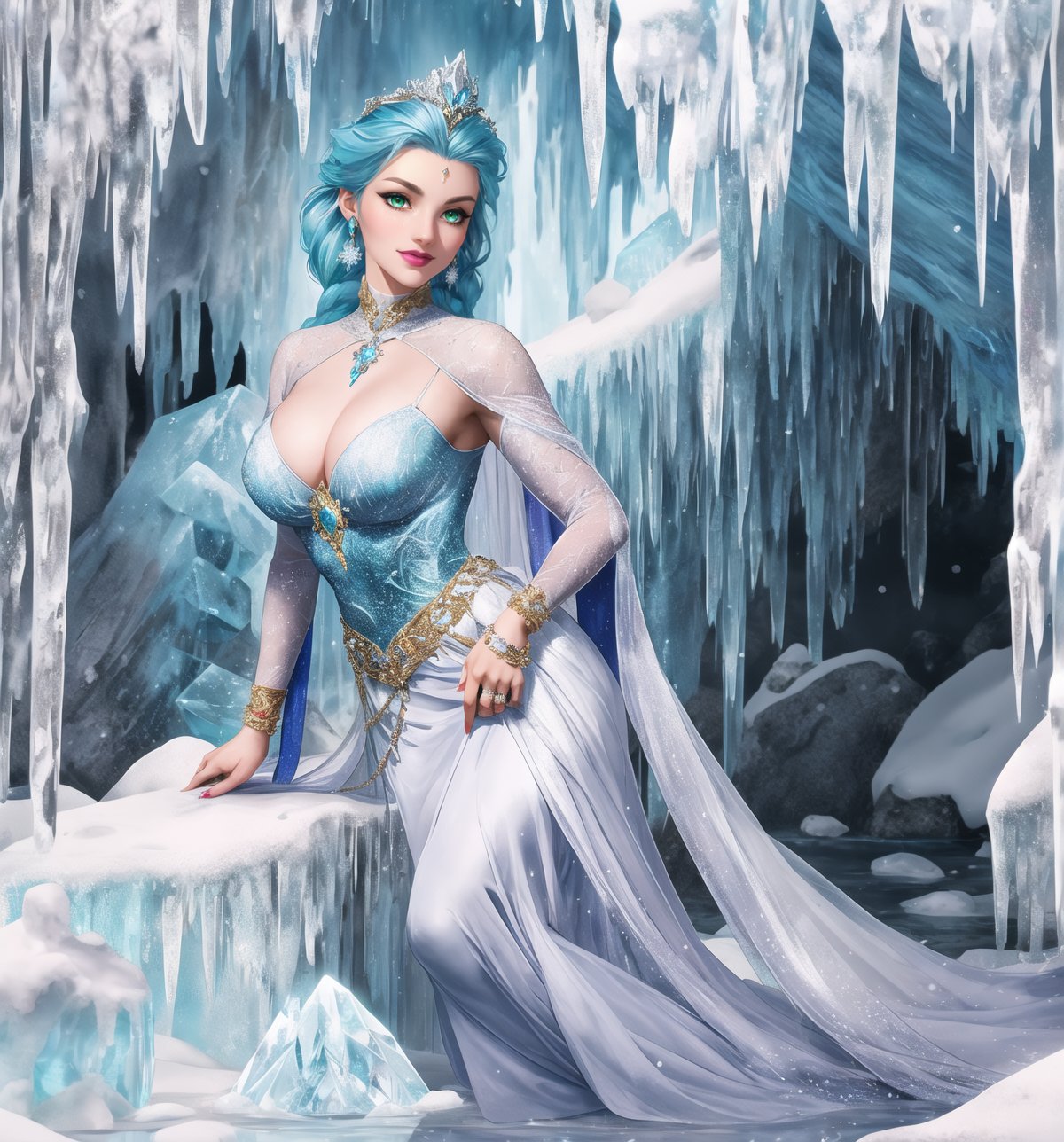 A masterpiece of digital art in the style of fantasy, magic, adventure, cold, and winter, rendered in ultra-high resolution with graphic details. | A 22-year-old woman named Elsa, wearing an ice sorceress costume in the color white with light blue and dark blue details. The costume has a long and flowing skirt, a blouse with long sleeves and a high collar, and a light blue tulle cape. She also wears a silver tiara with a blue stone in the center, silver earrings with snowflake-shaped pendants, silver bracelets on her hands, and a silver ring with a small diamond on her left hand. She has blue hair, short and messy, with a larger strand on the left side. Her green eyes are looking at the viewer, smiling, showing her white teeth and lips painted in light blue. The scene takes place in a frozen cave, with a rocky and white marble marble structure covered in ice, ice stalactites and stalagmites, an ice altar in the center, an ice pillar spread throughout the place, and ice sculptures and statues of mythical creatures. | The image highlights Elsa's imposing figure, with her light blue and dark blue details contrasting with the white of the costume and the cave. The details of the tiara, earrings, bracelets, and ring add a touch of elegance and sophistication to her appearance. Elsa's green eyes and her bright, smiling smile and light blue lips add a touch of life and color to the scene. The frozen cave is a magical and enchanted environment, with the rocky and white marble structures covered in ice, the ice stalactites and stalagmites, and the ice sculptures and statues of mythical creatures creating an atmosphere of fantasy and adventure. | Soft and cold lighting effects create a magical and enchanted atmosphere, while detailed textures on Elsa's costume, tiara, earrings, bracelets, ring, and the frozen cave add realism to the image. | A magical and enchanted scene of Elsa, an ice sorceress, in a frozen cave, exploring themes of fantasy, magic, and adventure. | (((((The image reveals a full-body shot as she assumes a sensual pose, engagingly leaning against a structure within the scene in an exciting manner. She takes on a sensual pose as she interacts, boldly leaning on a structure, leaning back in an exciting way)))))). | ((perfect body)), ((perfect pose)), ((full-body shot)), ((perfect fingers, better hands, perfect hands)), ((perfect legs, perfect feet)), (((huge_breasts, big_natural_breasts, sagging_breasts))), ((perfect design)), ((perfect composition)), ((very detailed scene, very detailed background, perfect layout, correct imperfections)), ((More Detail, Enhance)),