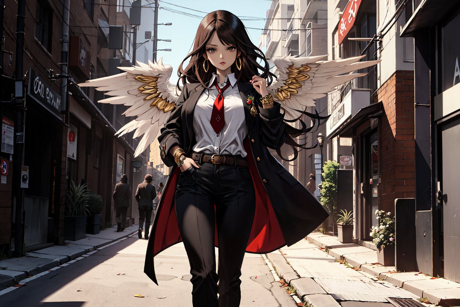 A voluptuous woman, earthy brown eyes, light black hair with deep brown streaks in her hair, very long hair, flowing hair, punk hair, thighs, only 2 hands with 5 fingers on each hand, only 2 legs with 5 fingers on each leg , dirty body, alone, brown office shirt, large short black jacket with green details, black pants, gold jewelry, brown formal short-sleeved suit, tattoos all over the body, large brown angel wings, walking, outdoors, (extremely detailed CG unity 8k wallpaper), (masterpiece), (best quality), (ultra-detailed), (best illustration),(best shadow), (an extremely delicate and beautiful), fine detail, (bloom), (shine),  Beautiful, detailed eyes, (waifu, anime, exceptional, best aesthetic, new, newest, best quality, masterpiece, extremely detailed)