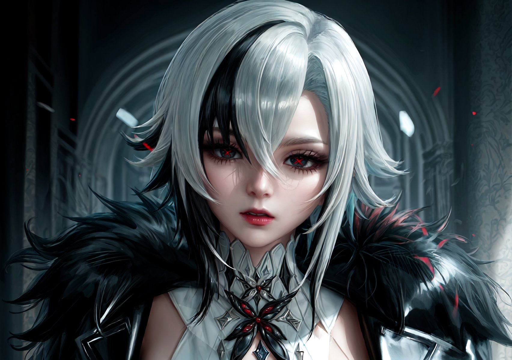 1 Voluptuous Woman, Coat, Fur Coat, Hair Between Eyes, High Resolution, Multicolored Hair, Short Hair, Side Bangs, Solo, Highlighted Hair, Two Tone Hair, White Gloves, White Hair, Black Hair, Blurred, Brooch Jewelry , looking at viewer, black eyes, multicolored hair, depth of field, red x in pupils, portrait, solo,arlecchino(genshin impact),x-shaped pupils