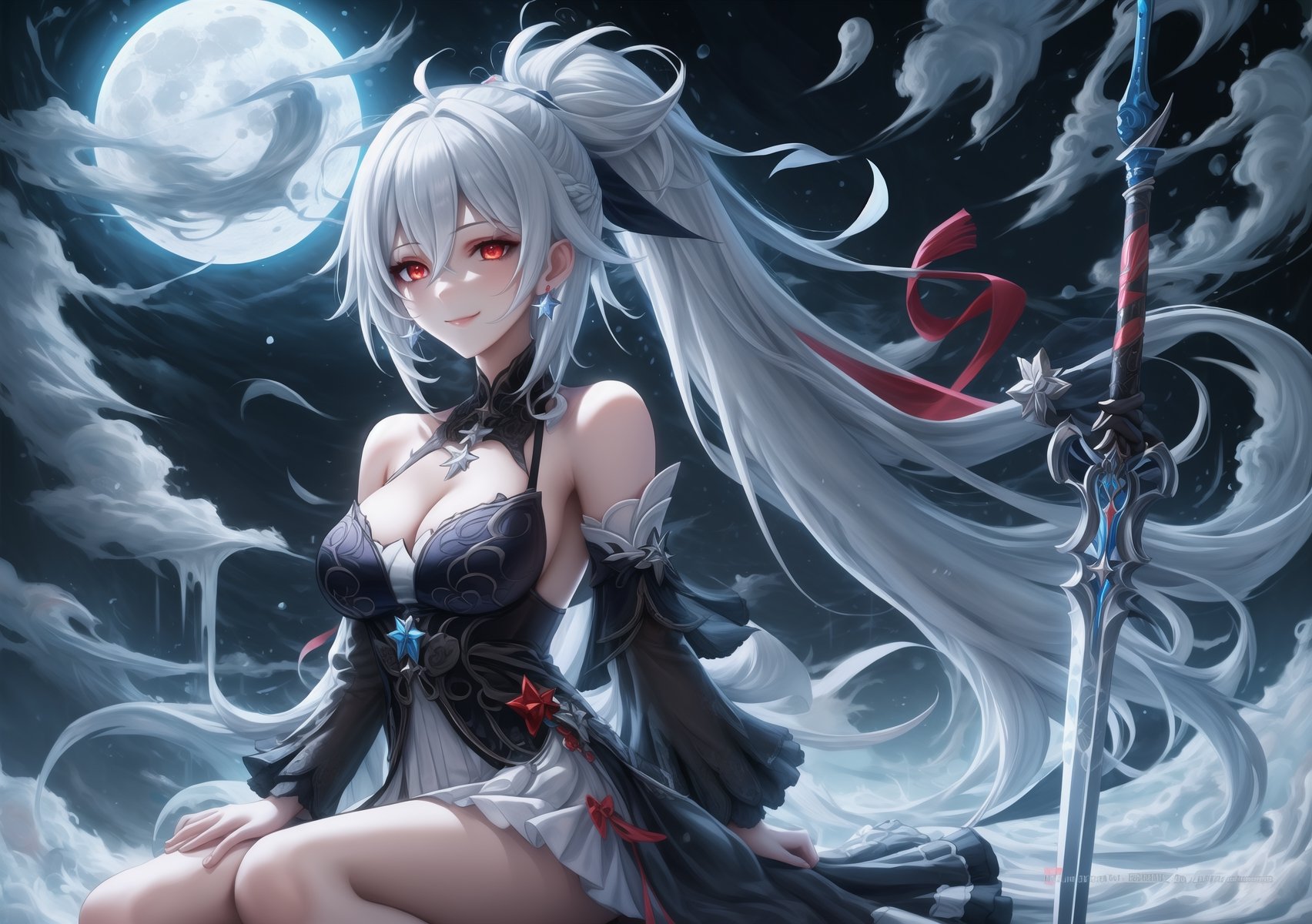 1 woman, black_shoes, blue_background, blue_band, chinese_clothing, separate_sleeves, earrings, full moon, hair band, high resolution, holding, holding_sword, holding_weapon, honkai:_star_rail, honkai_(series), huge_moon, jewelry, jingliu_(honkai:_star_rail ), looking_at_viewfinder, night, red eyes, reverse grip, single earring, smile, alone, sword, white hair, bare_shoulders, black_gloves, blue_headband, hair_between_eyes, high_ponytail, honkai:_star_rail, honkai_(series), jewelry, jingliu_(honkai:_star_rail ), long_hair, long_sleeves, medium_breasts, ponytail, profile pose, sitting