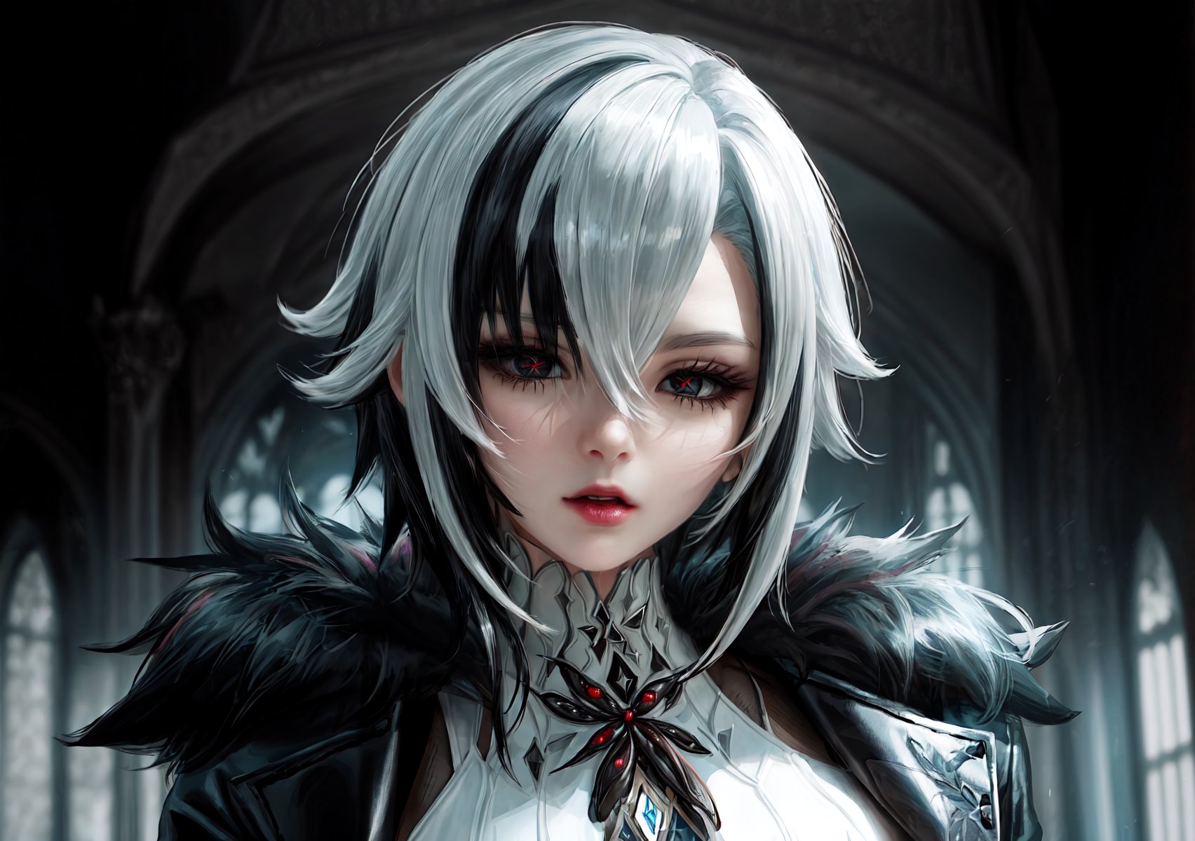 1 Voluptuous Woman, Coat, Fur Coat, Hair Between Eyes, High Resolution, Multicolored Hair, Short Hair, Side Bangs, Solo, Highlighted Hair, Two Tone Hair, White Gloves, White Hair, Black Hair, Blurred, Brooch Jewelry , looking at viewer, black eyes, multicolored hair, depth of field, red x in pupils, portrait, solo,arlecchino(genshin impact),x-shaped pupils