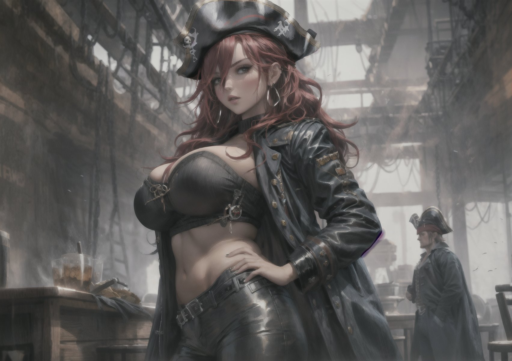 French magazine cover, 1voluptuous woman, alone, (crimson hair, long hair, wavy hair), hair between eyes, big pirate jacket, white T-shirt, pirate pants, huge boobs and hips, dynamic pose, earrings, jewelry, single, disheveled, background of tavern, pirate hat,