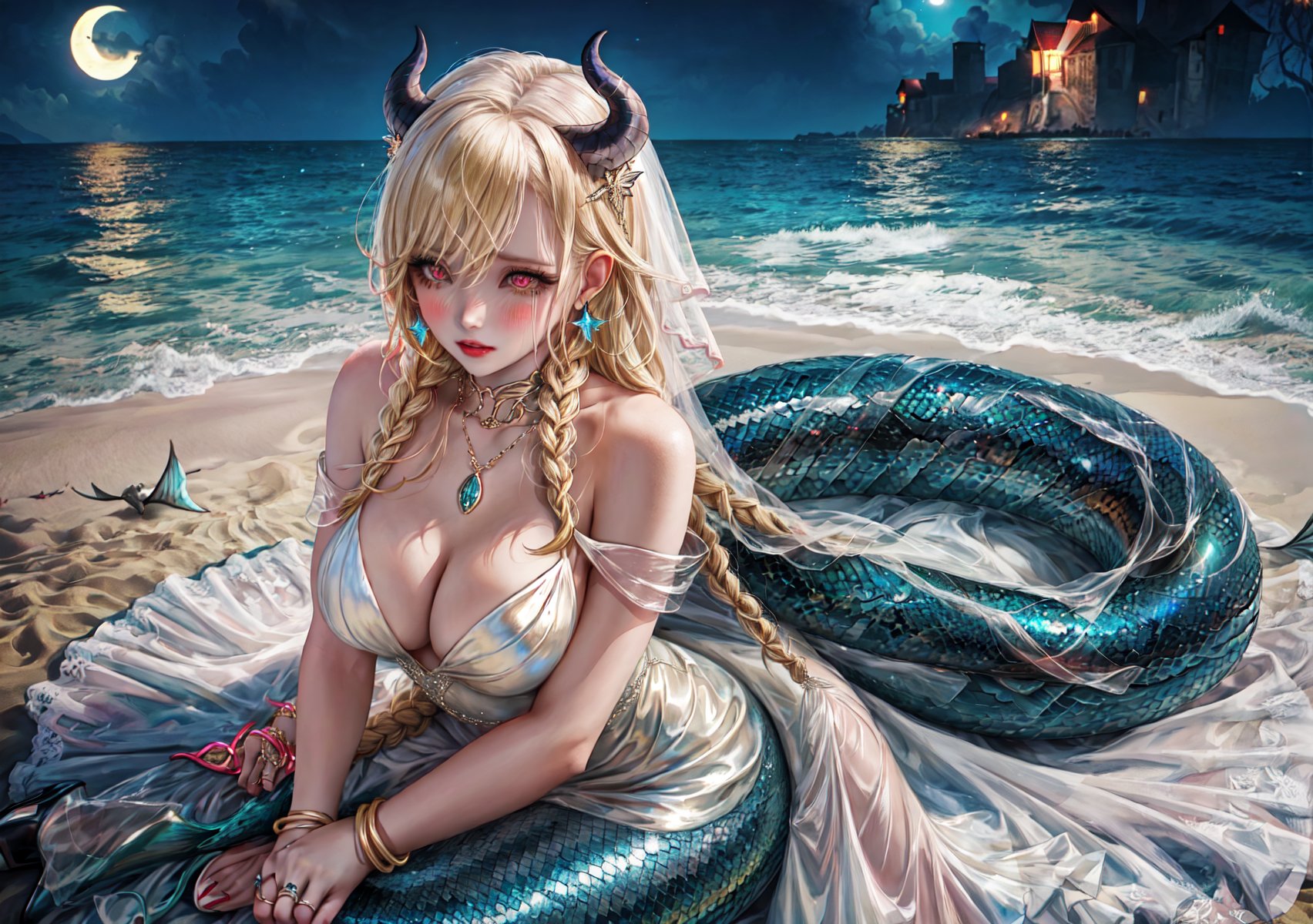 a girl, blonde hair, long hair, snake braid and reverse braids, voluptuous, big breasts, demon eyes, vermilion eyes, eyeliner, blush, crimson lips, mermaid ears, earrings, charms, rings, bracelets, cold silk dress, white dress, wedding dress, sitting, sitting on the sand, noble, night, crying, high heels