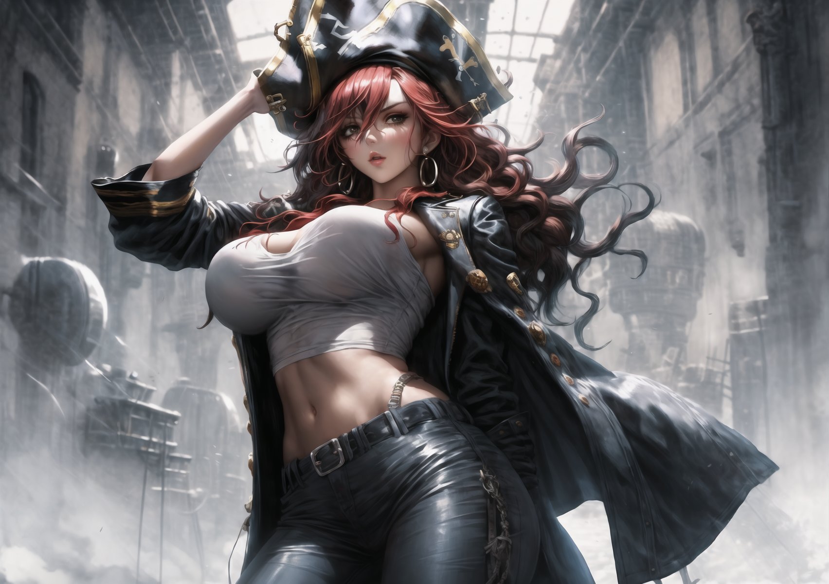 French magazine cover, 1voluptuous woman, alone, (crimson hair, long hair, wavy hair), hair between eyes, big pirate jacket, white T-shirt, pirate pants, huge boobs and hips, dynamic pose, earrings, jewelry, single, disheveled, background of tavern, pirate hat,