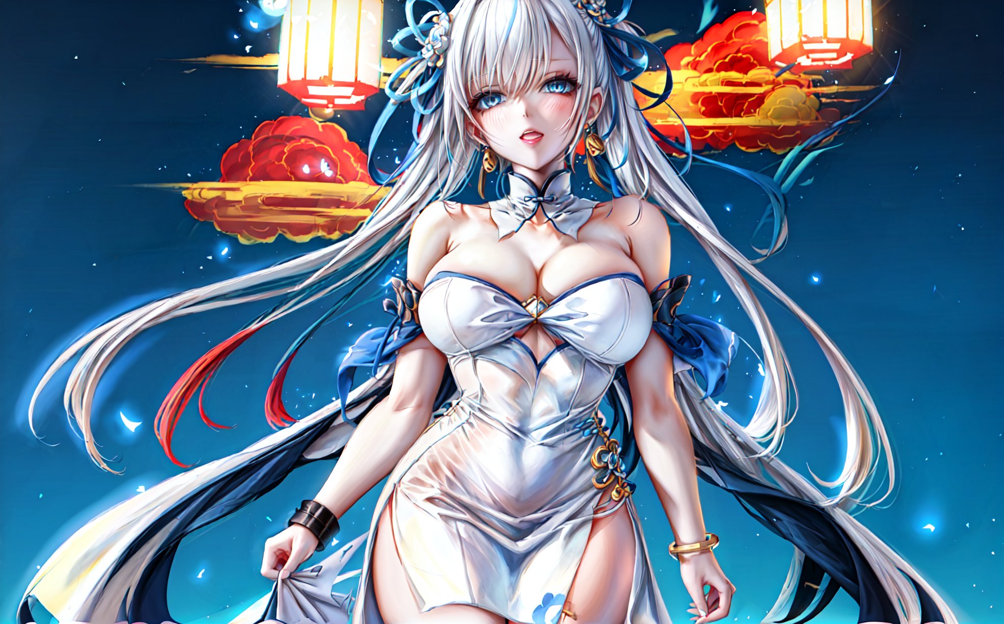 1 voluptuous woman, alone, very long hair, blue elbow bracelets, fabric bracelets, bare shoulders, white neckline, cropped clothing, belts, white multi-color hair, short light blue streaks, blue bow, 1 low ponytail, pigtails straight haired twin girls, traditional chinese hairstyle, multi colored dress, white blue porcelain dress, light blue eyes, ice, solo, looking at viewer, white thighs, strapless dress, very long hair, walking, big boobs