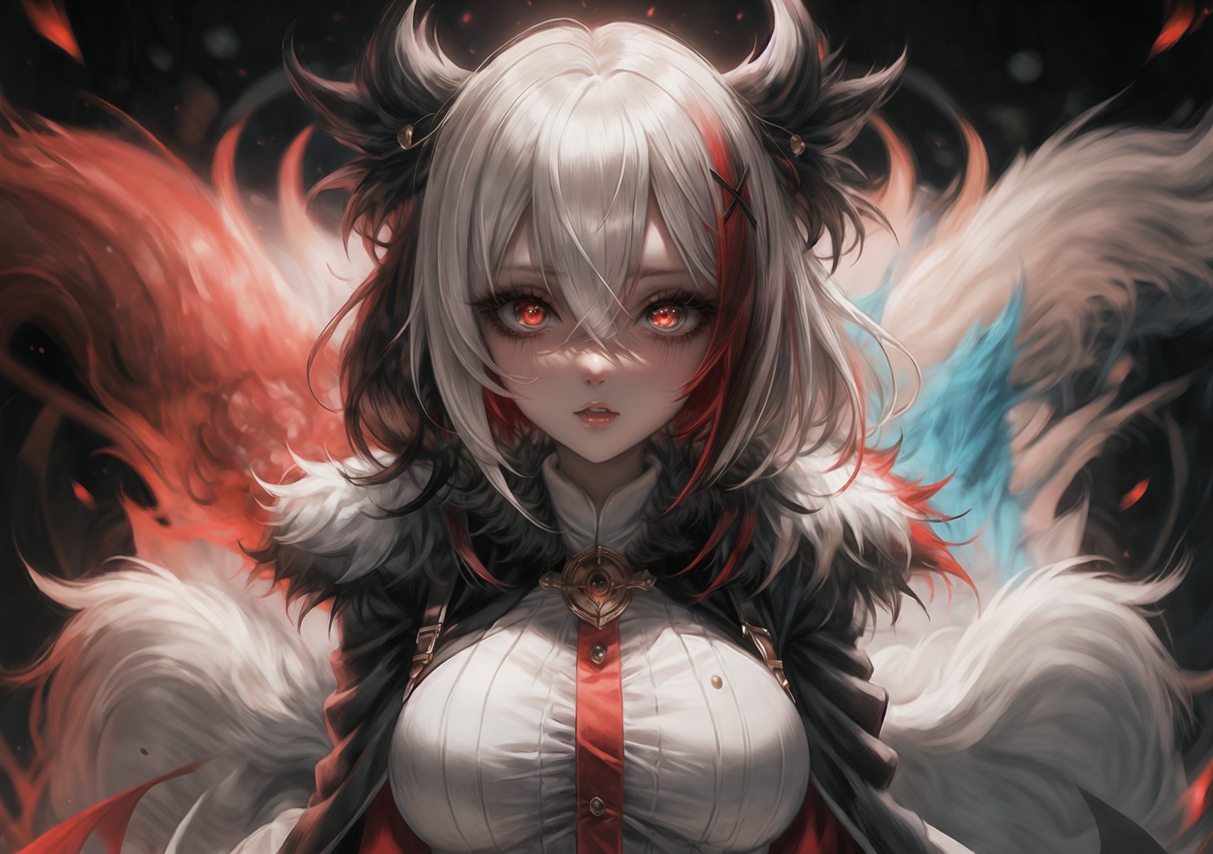 1 voluptuous woman, big boobs, coat, fur coat, gloves, hair_between_eyes, high resolution, multicolored_hair, red_pupils, short_hair, side bangs, solo, highlighted_hair, two_tone_hair, white_gloves, white_hair, x-shaped_pupils, black_hair, blurry, brooch, cape, dark_background, depth_of_field, fur-trimmed coat, fur trim, hair_between_eyes, high-res, jewelry, looking_at_viewer, multicolored_hair, portrait, red_eyes, shorthair, solo, streaked_hair, bicolor_hair, white_coat, white_hair, black_eyes, full_body, x-shaped pupils, dynamic pose