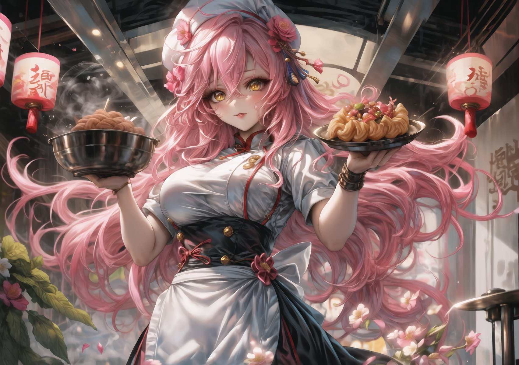 one woman, voluptuous, large breasts, pink hair, long wavy hair, side locks, hair between eyes, yellow eyes, white chef's clothes, chef's hat, in a pastry kitchen, cooking, Chinese style, dynamic pose,
pink flower decorations on clothes,mecha