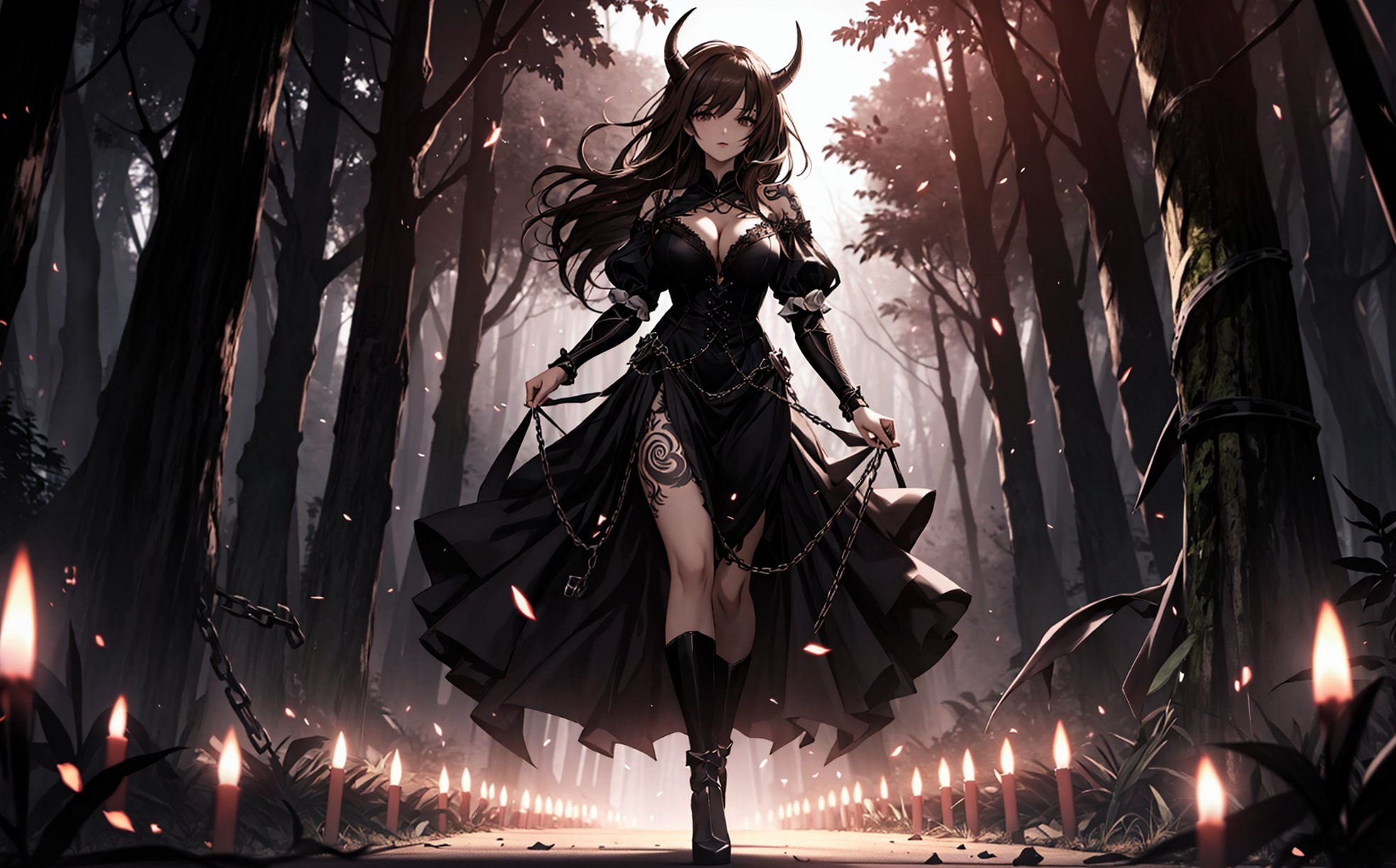 A voluptuous devil woman, light brown eyes, looking towards the viewer, very messy hair, dark black hair, very long hair, very loose hair, thighs, only 2 hands with 5 fingers on each hand, only 2 legs with 5 fingers on each leg, dirty body, alone, tattoos all over the body, walking, outdoors, night, dark night forest, chains all over the body, rusty chains, broken chains, many chains, several horns, big hips and breasts, dark flowers,  (extremely detailed CG unity 8k wallpaper), (masterpiece), (best quality), (ultra-detailed), (best illustration),(best shadow), (an extremely delicate and beautiful), fine detail, (bloom), (shine),  Beautiful, detailed eyes, (waifu, anime, exceptional, best aesthetic, new, newest, best quality, masterpiece, extremely detailed)