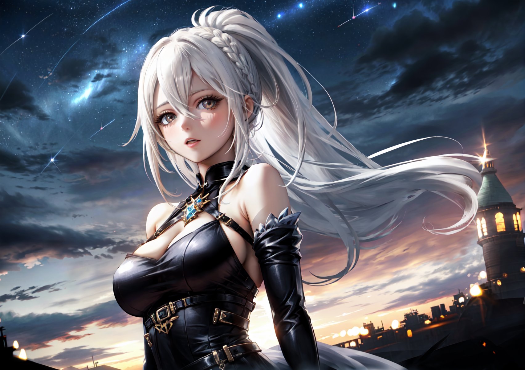 1girl, absurdres, bare_shoulders, braid, breasts, brown_eyes, crystal, dress, elbow_gloves, gloves, hair_between_eyes, highres, ice_crystal, large_breasts, long_hair, looking_at_viewer, night, night_sky, official_alternate_costume, ponytail, r1n54234459, saki_fuwa_(tower_of_fantasy), sky, solo, star_(sky), starry_sky, tower_of_fantasy, very_long_hair, white_dress, white_gloves, white_hair