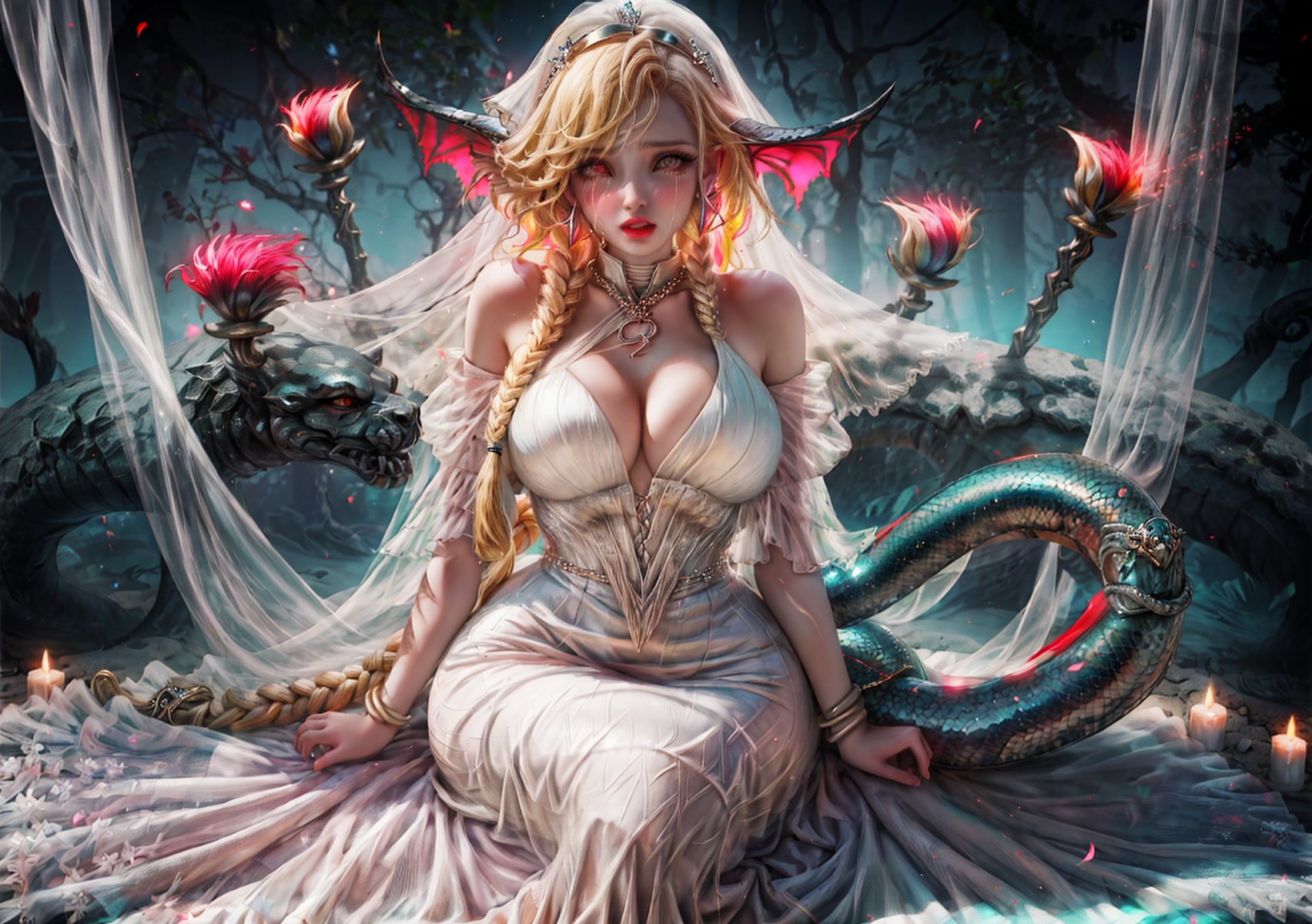 a girl, blonde hair, long hair, snake braid and reverse braids, voluptuous, big breasts, demon eyes, vermilion eyes, eyeliner, blush, crimson lips, mermaid ears, earrings, charms, rings, bracelets, cold silk dress, white dress, wedding dress, sitting, sitting on the sand, noble, night, crying, high heels