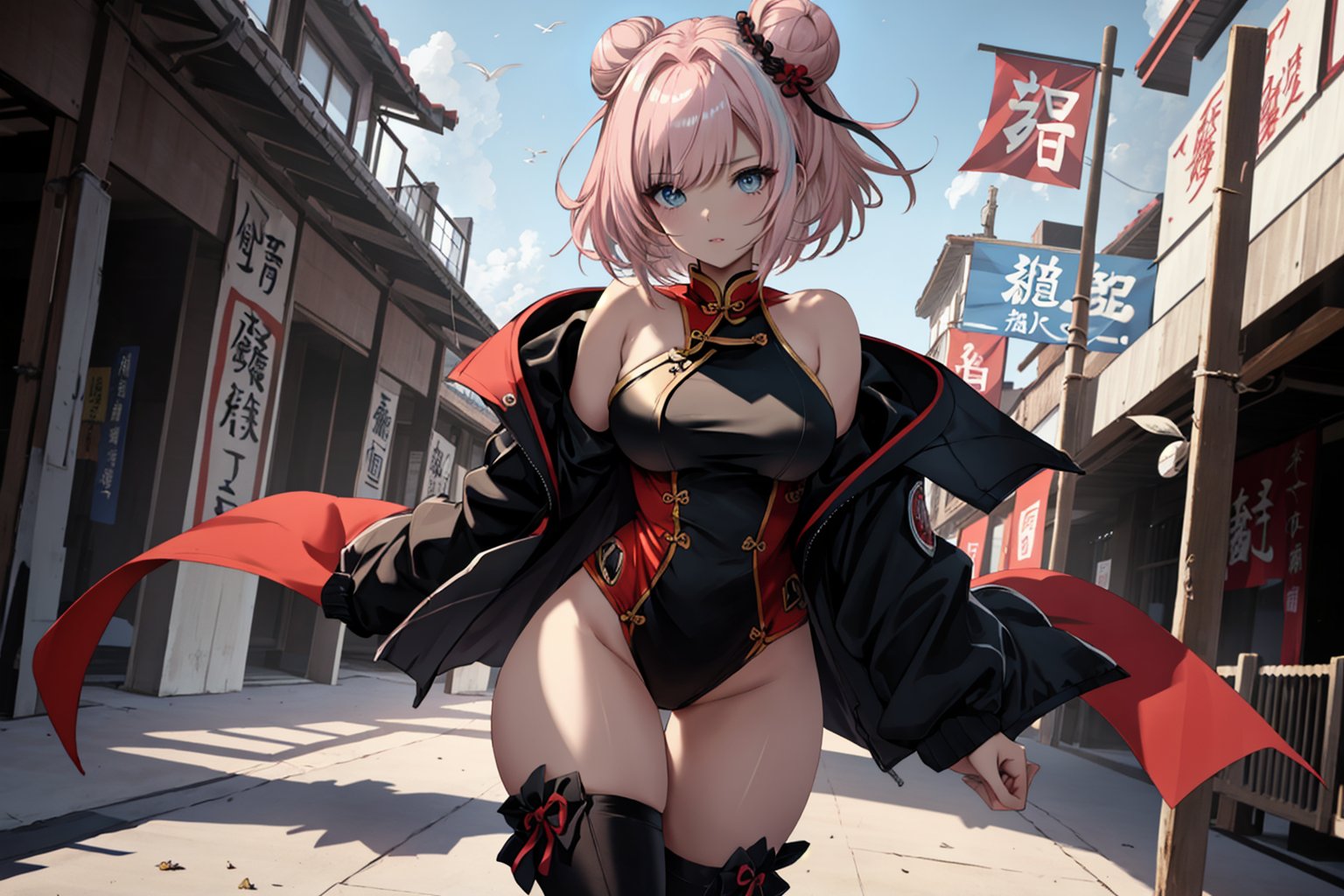 A voluptuous woman, light pink hair with white streaks in her hair, short hair, blue eyes, thighs, only 2 hands with 5 fingers on each hand, only 2 legs with 5 fingers on each leg, wet body, alone, outdoors , beach , green and black jacket, bare shoulders, hair in two buns, red Chinese porcelain suit, gold writing on all clothes, (extremely detailed CG unity 8k wallpaper), (masterpiece), (best quality), (ultra-detailed), (best illustration),(best shadow), (an extremely delicate and beautiful), fine detail, (bloom), (shine),  Beautiful, detailed eyes, (waifu, anime, exceptional, best aesthetic, new, newest, best quality, masterpiece, extremely detailed)