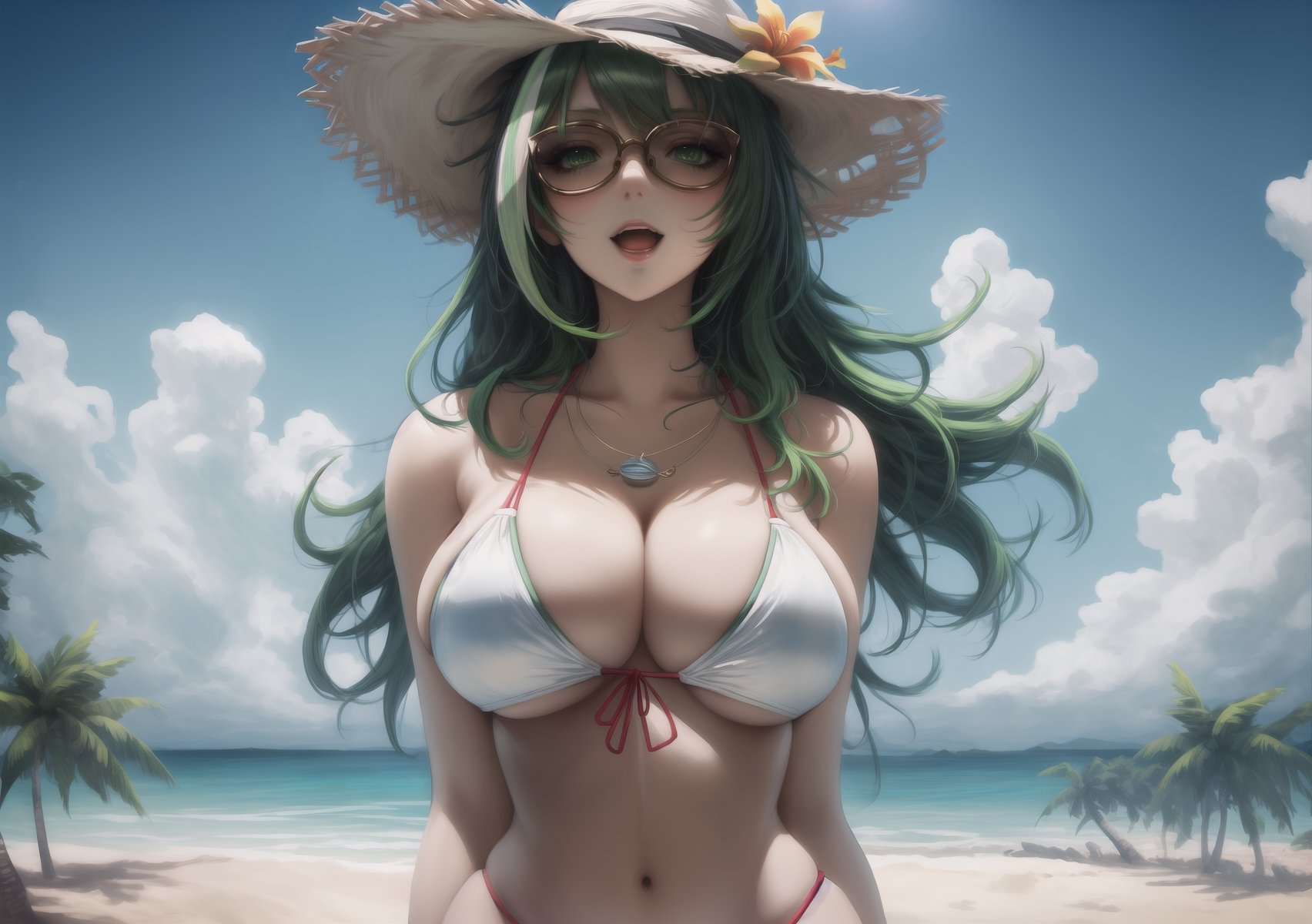 Masterpiece, Best quality, High resolution, Voluptuous woman, beach, beach fan, Only woman, Curves, Masterpiece, Big breasts, relaxed expression, white floral bikini, sunglasses, black and green streaked hair, tortuous happiness, tropical beach background, black bicolor long hair, green eyes, beach hat, necklace, dynamic view, dynamic pose,