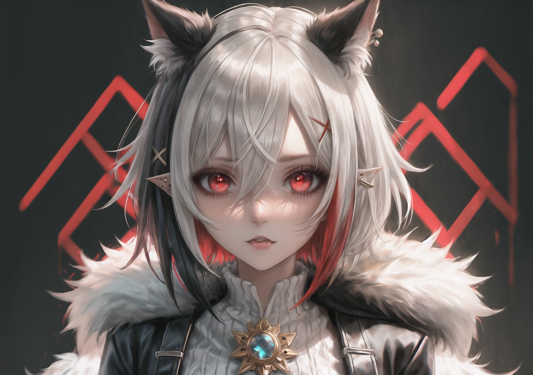 1 girl, black_eyes, coat, piercing_ears, fur coat, clipped feet, gloves, hair_between_eyes, high resolution, multicolored_hair, red_pupils, short_hair, side bangs, solo, highlighted_hair, two_tone_hair, white_gloves, white_hair, x-shaped_pupils, black_hair, blurred , brooch, cloak, dark_background, depth_of_field, fur-trimmed coat, fur trim, hair_between_eyes, high-res, jewelry, looking_at_viewer, multicolored_hair, portrait, red_eyes, shorthair, solo, streaked_hair, symbol_pupils, two-tone_hair, white_coat, white_hair, x-shaped_pupils