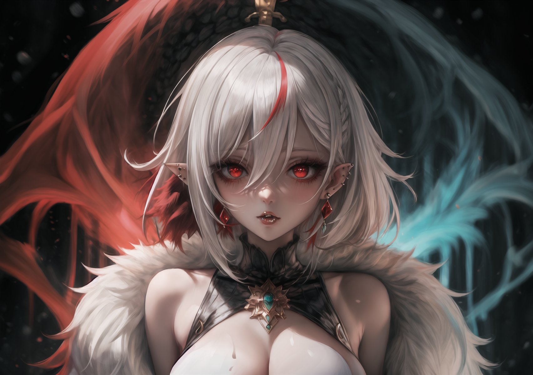 1 voluptuous woman, big breasts, coat, piercing_ears, fur coat, gloves, hair_between_eyes, high resolution, multicolored_hair, red_pupils, short_hair, side bangs, solo, highlighted_hair, two_tone_hair, white_gloves, white_hair, x-shaped_pupils, black_hair, blurred, brooch, cloak, dark_background, depth_of_field, fur-trimmed coat, fur trim, hair_between_eyes, high-res, jewelry, looking_at_viewer, multicolored_hair, portrait, red_eyes, shorthair, solo, streaked_hair, two-tone_hair, white_coat, white_hair, black_eyes, body full, seated, red x symbol stamped on the eyes