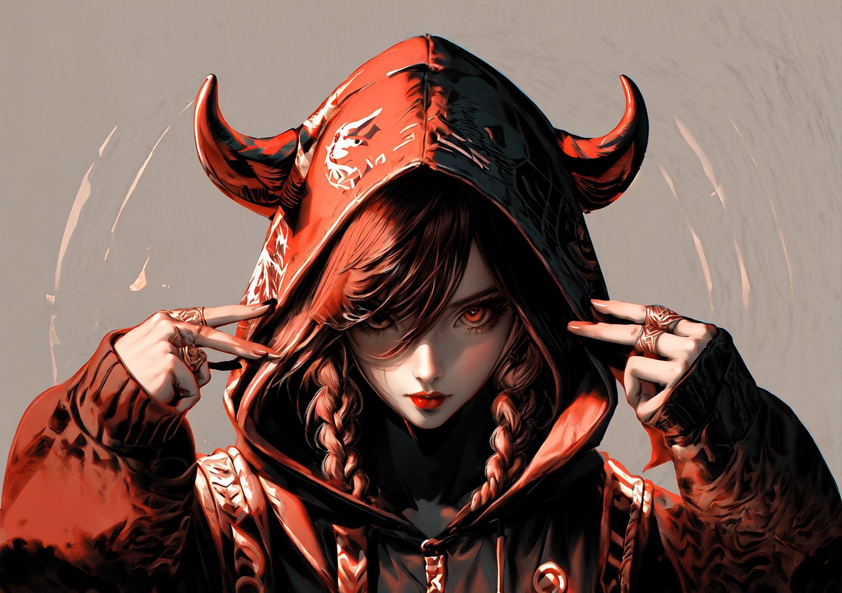 masterpiece, top quality, best quality, official art, beautiful and aesthetic, 1 woman, extremely detailed, colorful, most detailed, ppcp, monochrome black, brown, red, dynamic pose, braids, animal style hood, goat style