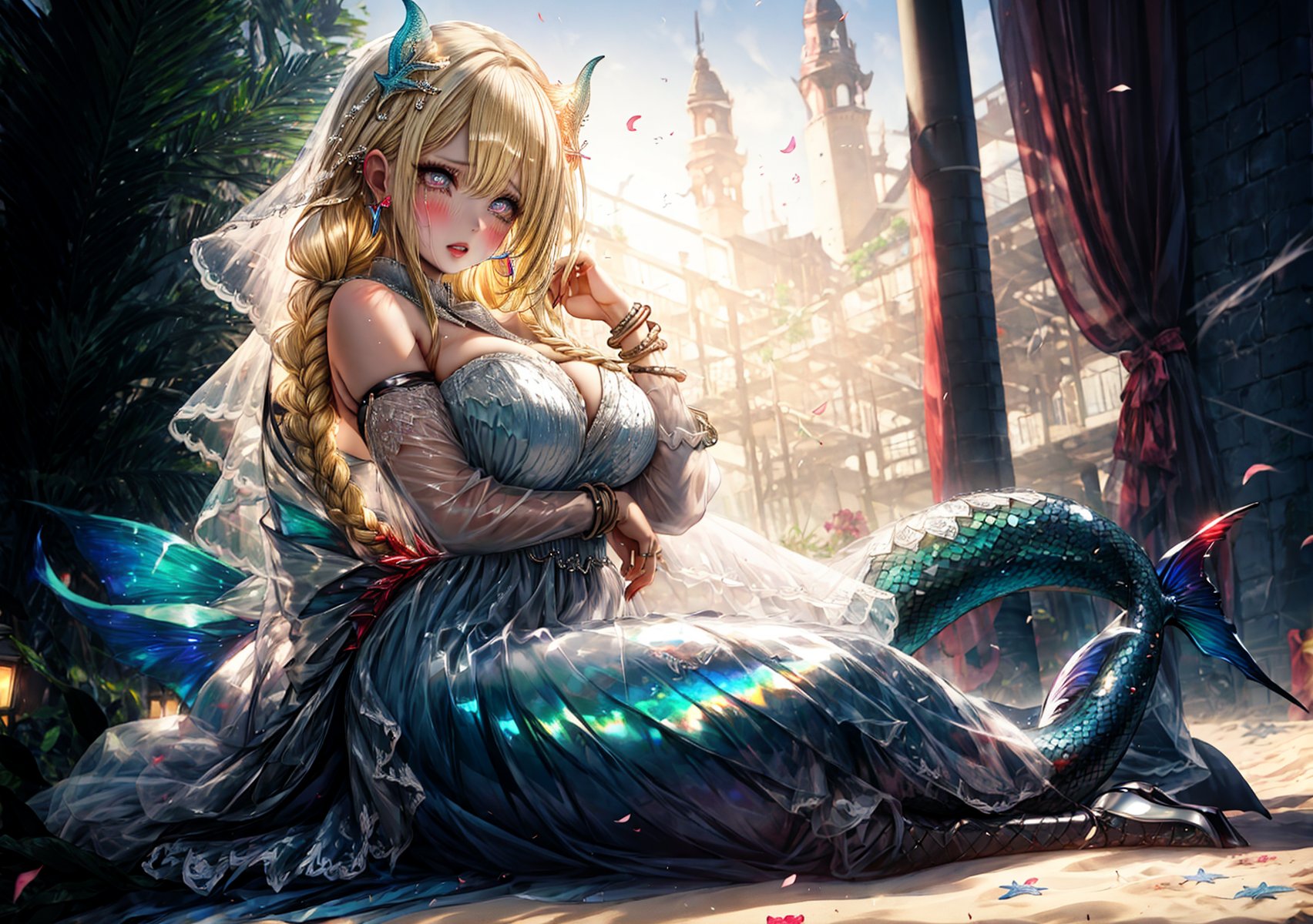 a girl, blonde hair, long hair, snake braid and reverse braids, voluptuous, big breasts, demon eyes, vermilion eyes, eyeliner, blush, crimson lips, mermaid ears, earrings, charms, rings, bracelets, cold silk dress, white dress, wedding dress, sitting, sitting on the sand, noble, night, crying, high heels